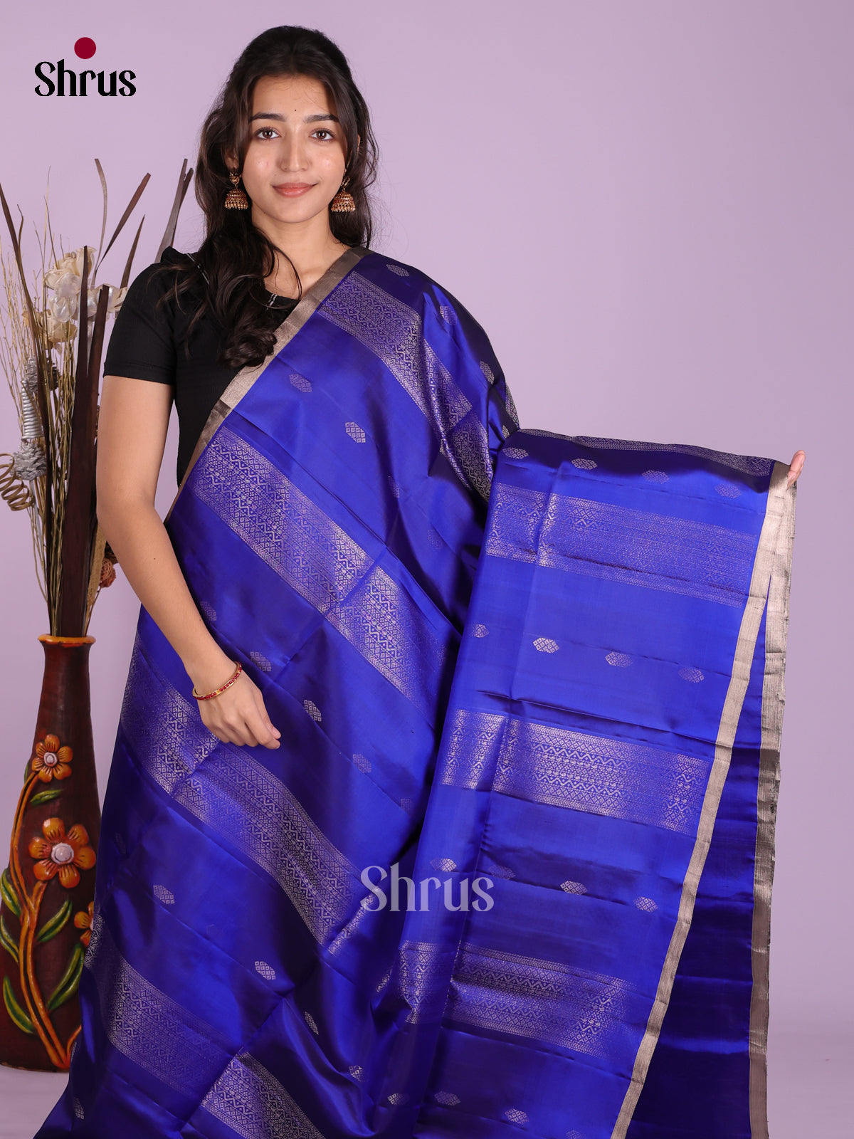 Vibrant Blue Soft Silk Saree with zari buttas, stripes & brocade pallu