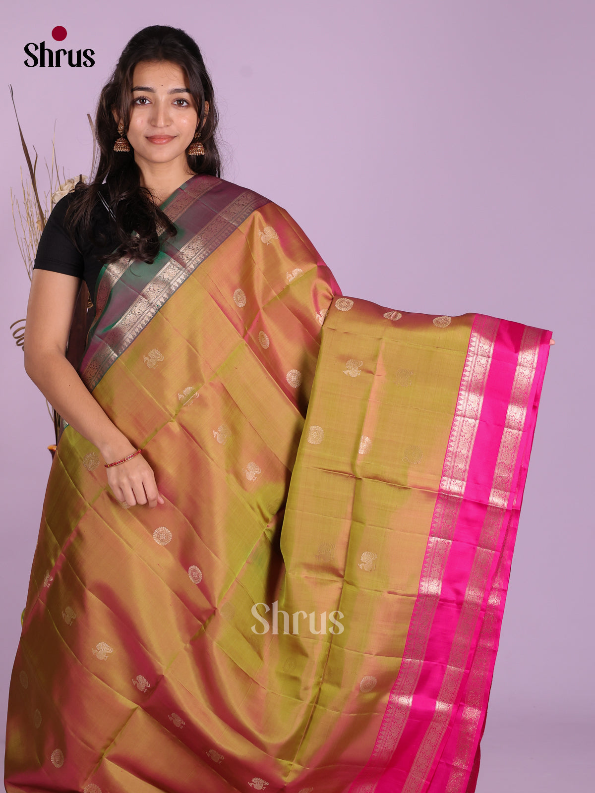 Double Shaded Green & Pink Soft Silk Saree with zari peacock buttas & Rettaipet border - Shop on Shrus.com