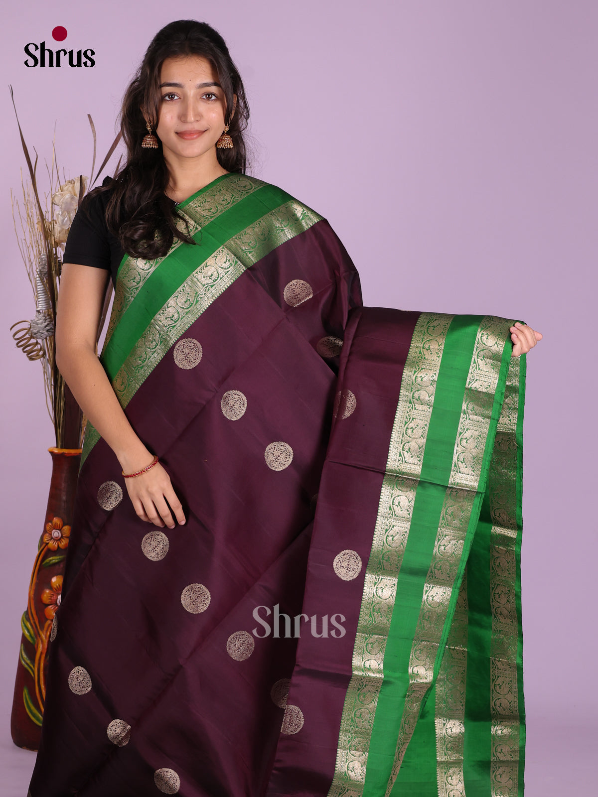 Classic Deep Purple Soft Silk Saree with Zari Motifs & Green Rettaipet Zari Border