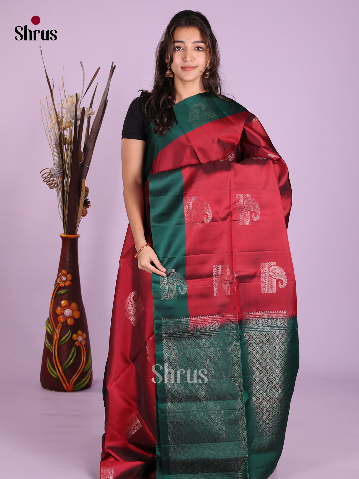Maroon & Green - Softsilk-halfpure Saree