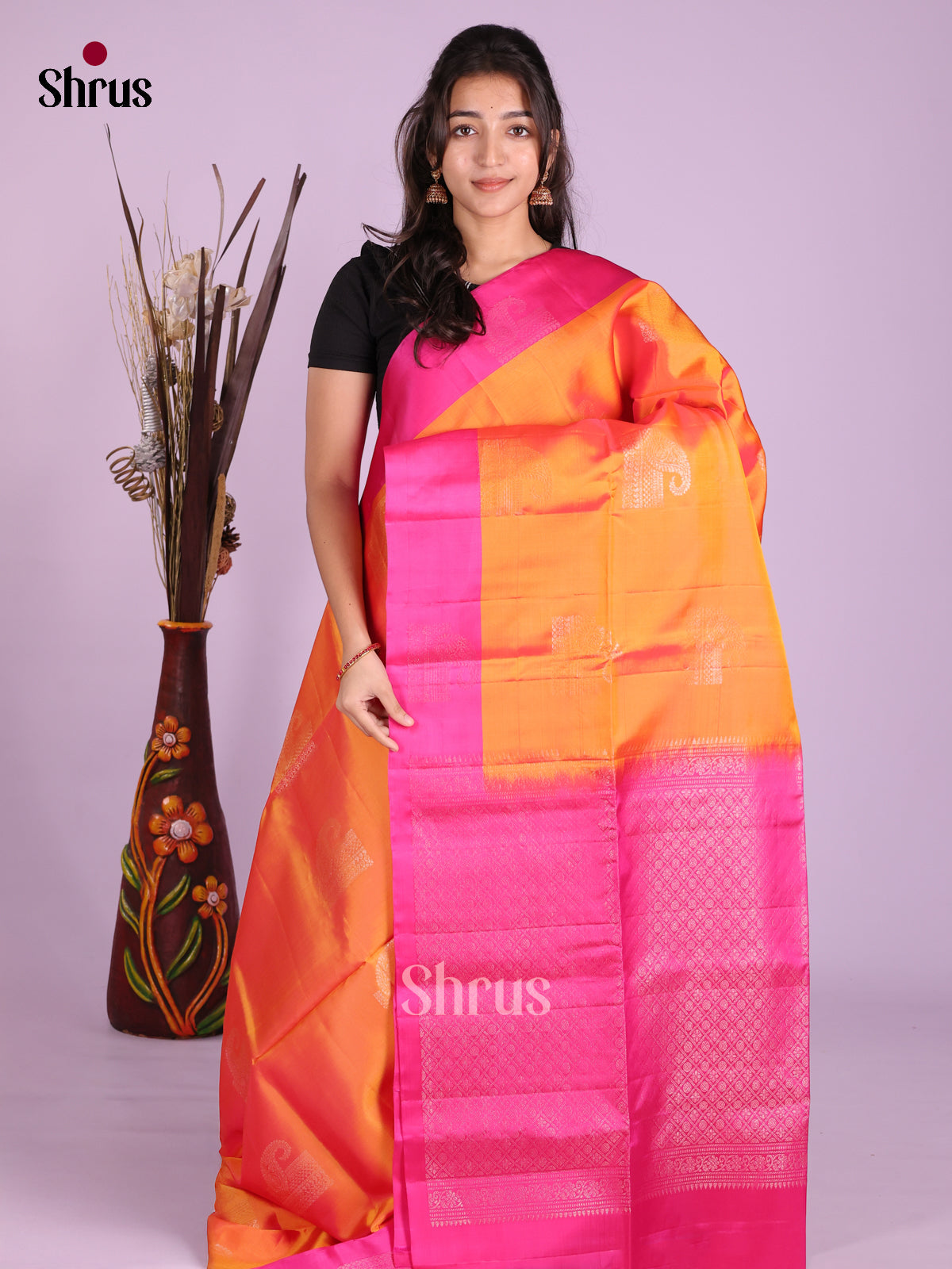 Orange & Pink- Softsilk-halfpure Saree