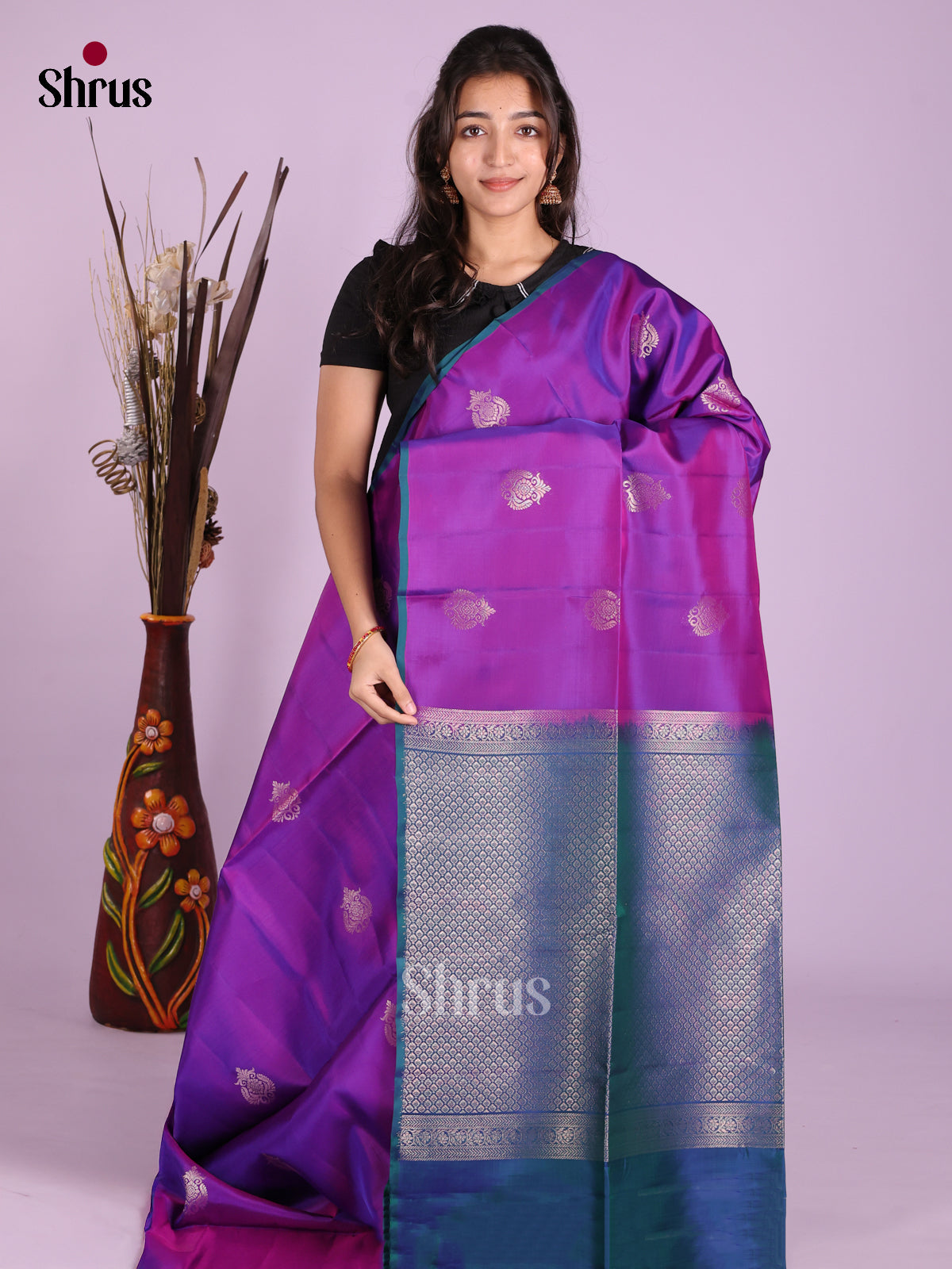 Purple & Blue - Softsilk-halfpure Saree
