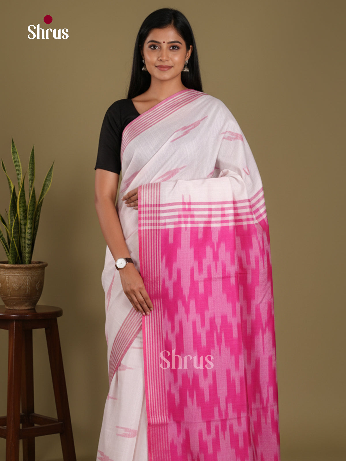 White & Pink - Semi Ikkat Saree