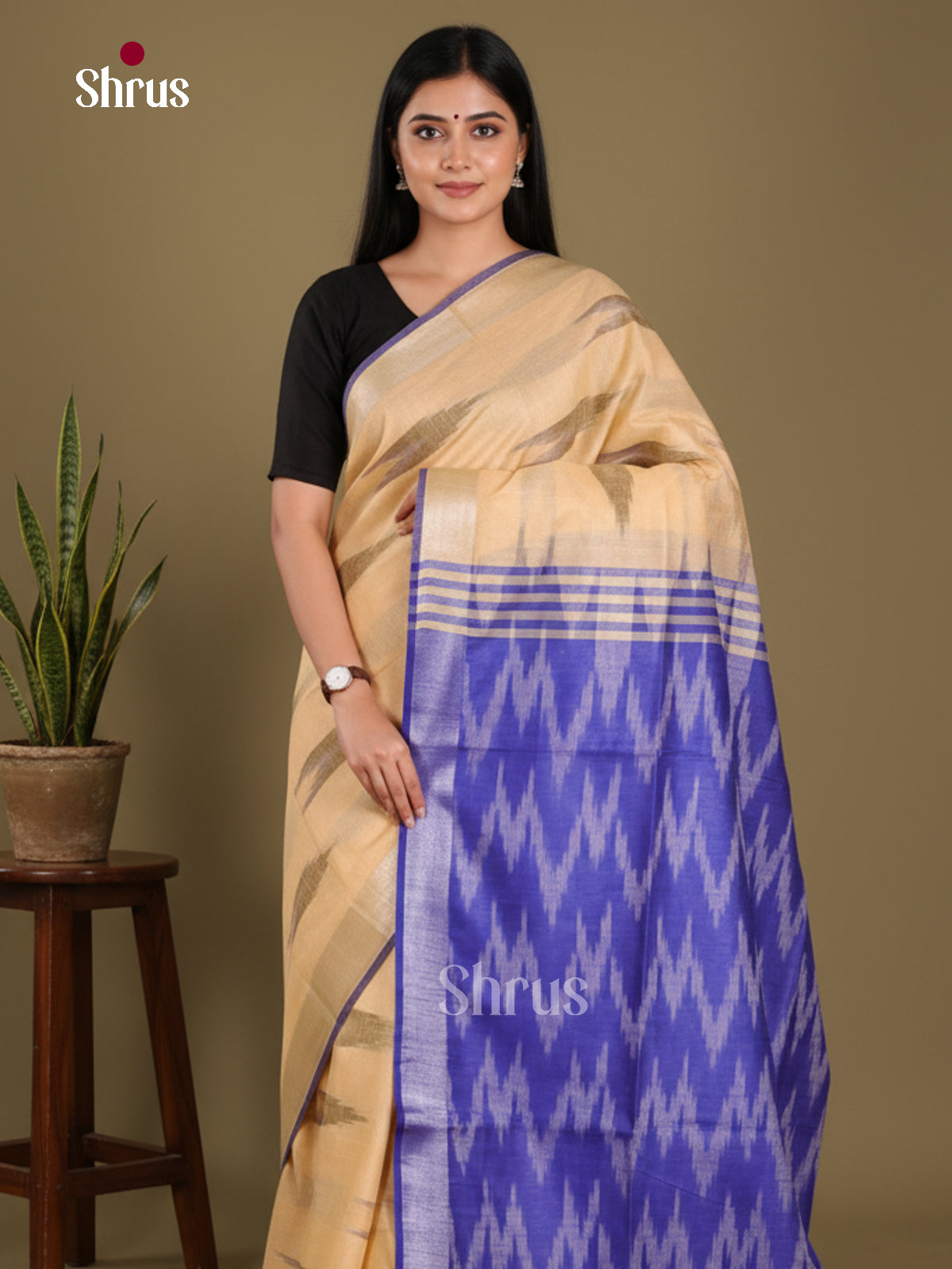 Sandal & Blue - Semi Ikkat Saree