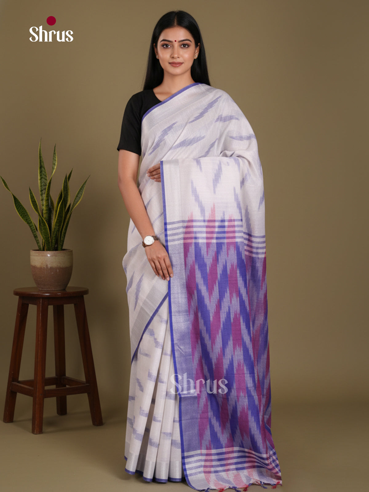 White & Blue - Semi Ikkat Saree