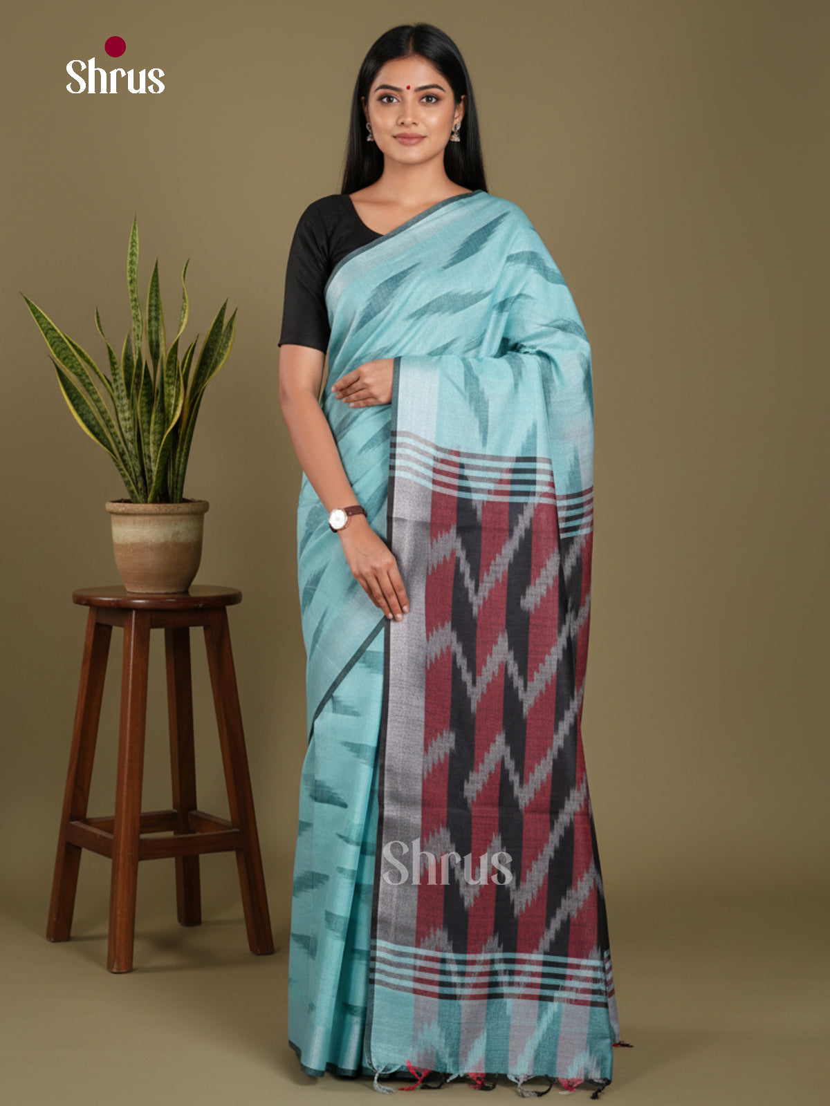 Sky Blue & Grey - Semi Ikkat Saree