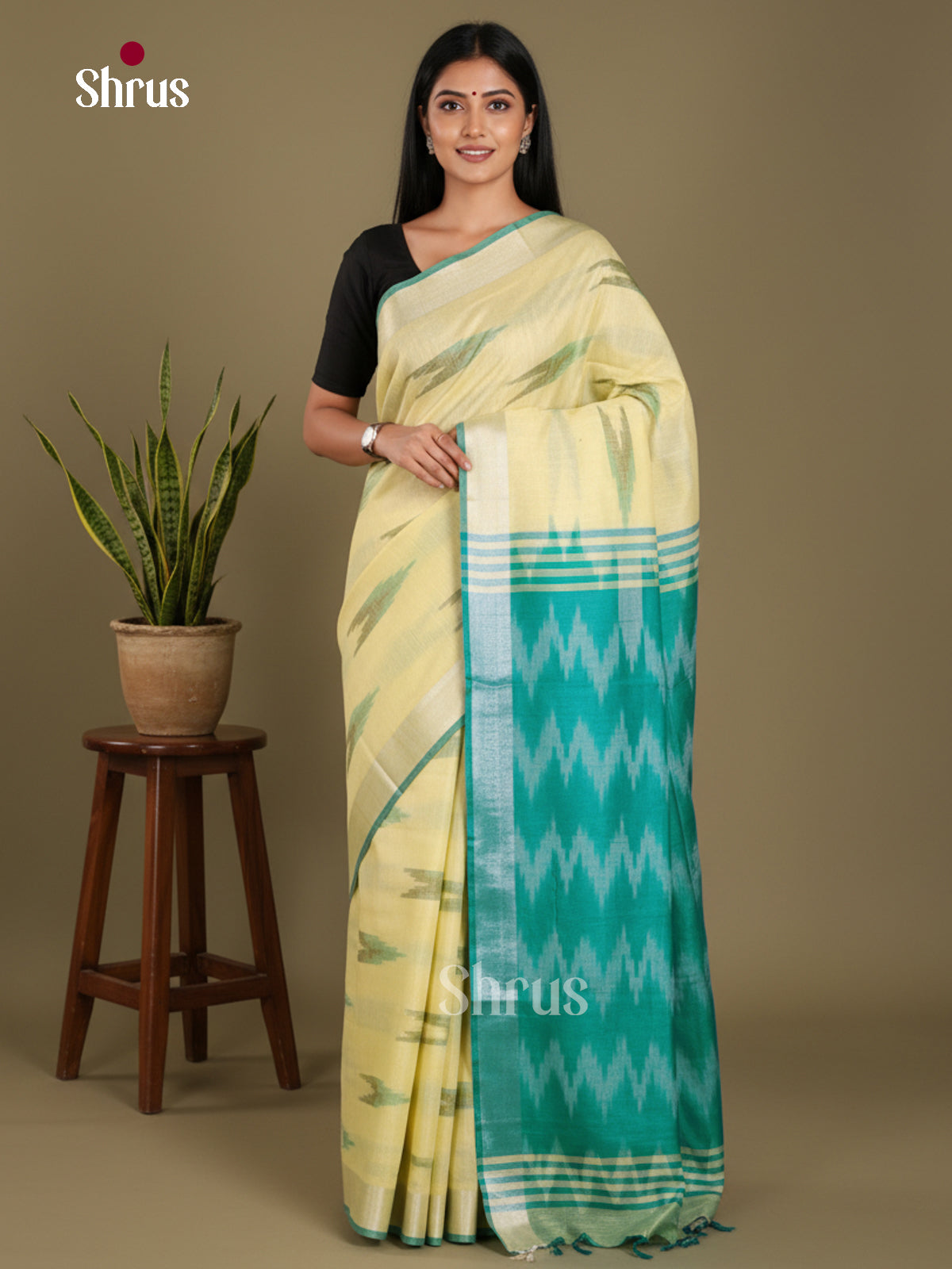 Yellow & Teal Green - Semi Ikkat Saree