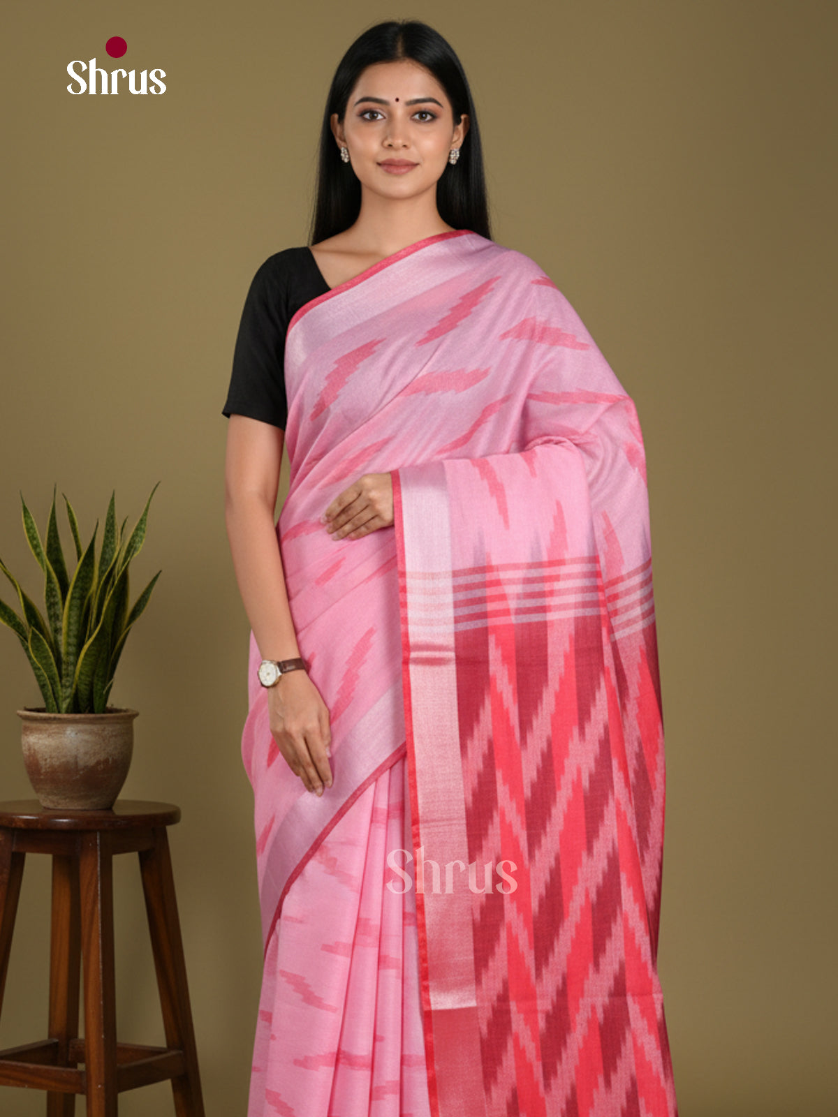 Pink & Red - Semi Ikkat Saree