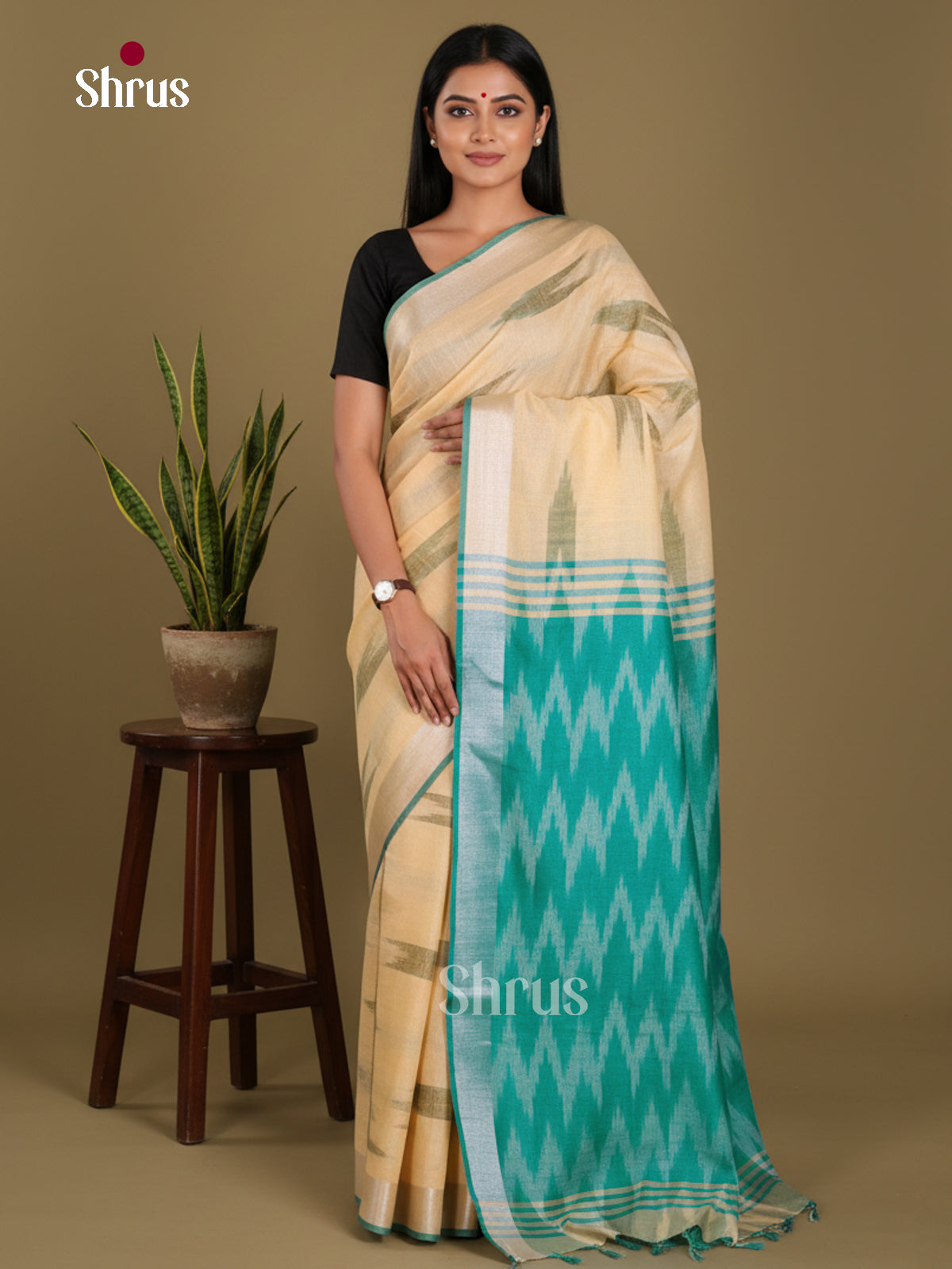 Sandal & Teal - Semi Ikkat Saree