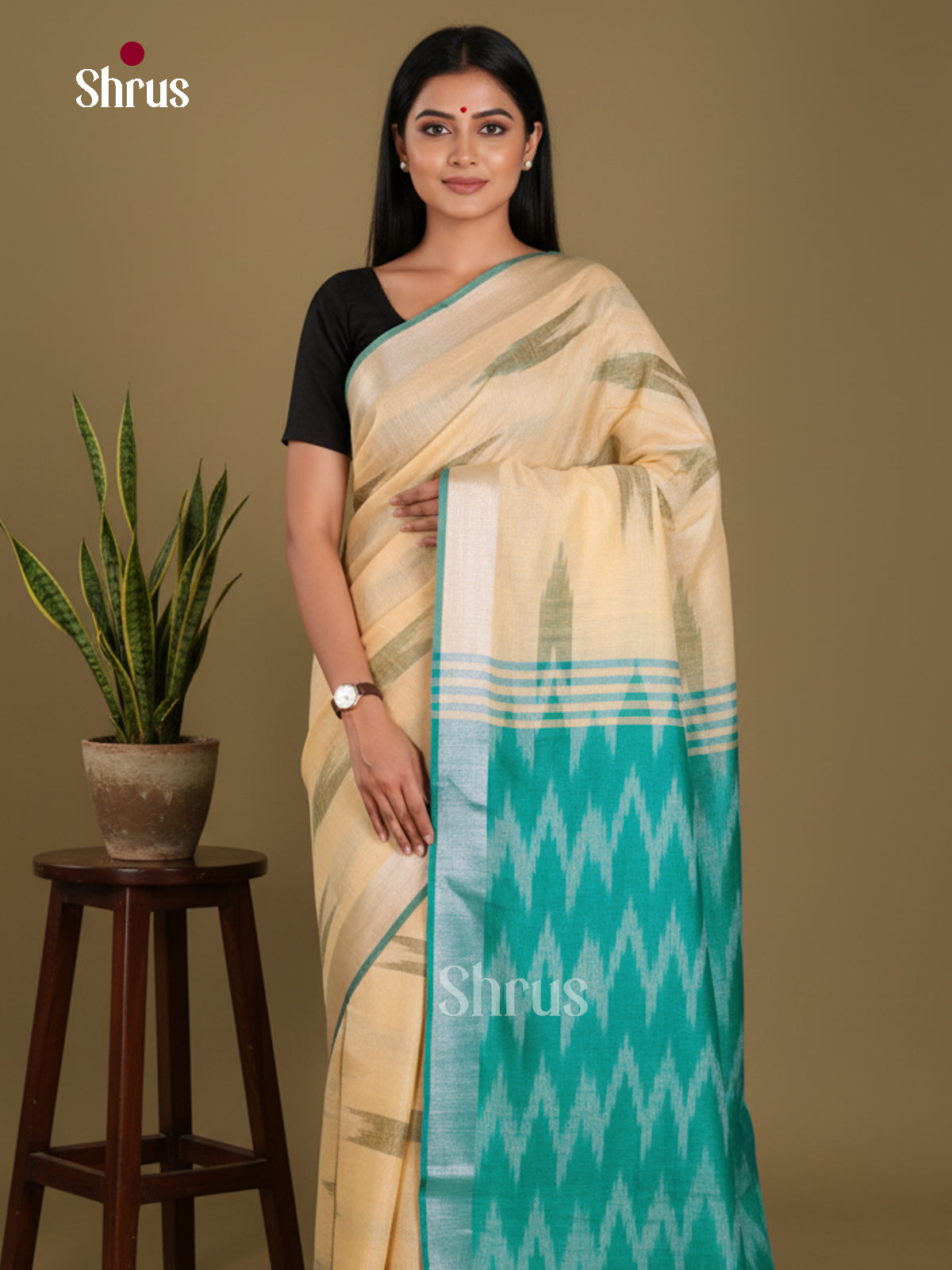 Sandal & Teal - Semi Ikkat Saree