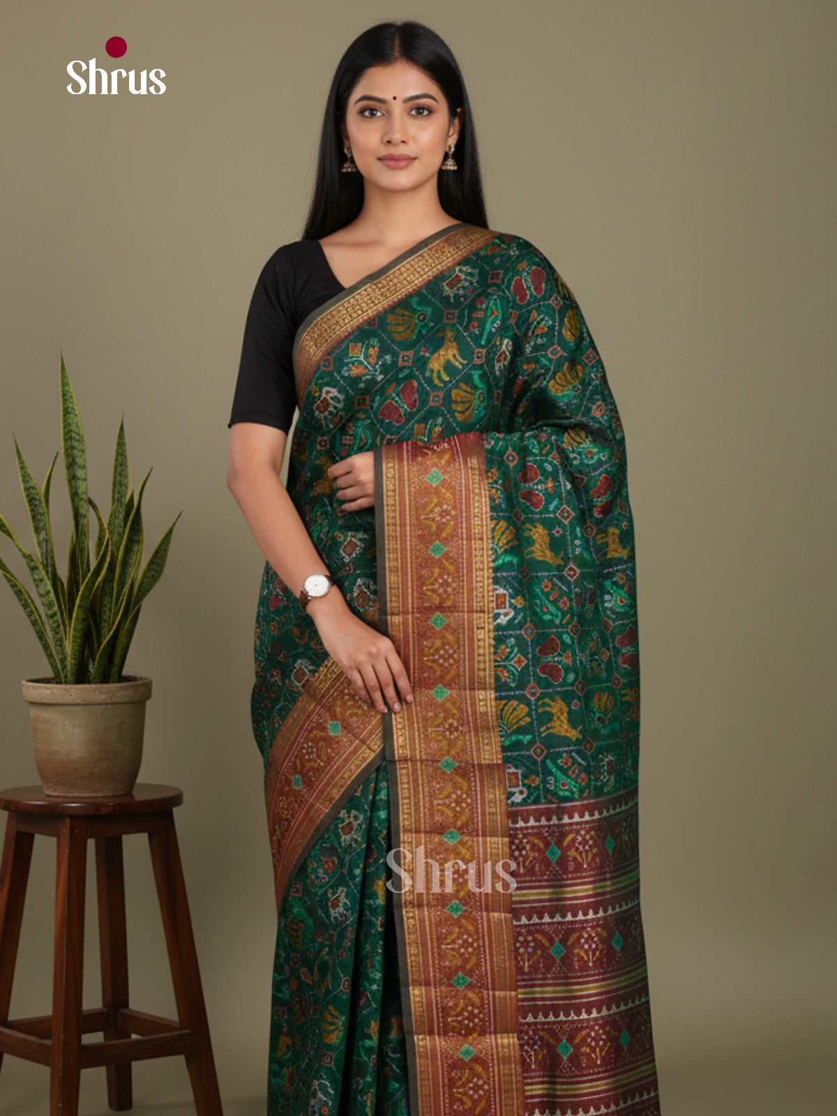 Green & Maroon - Semi Patola Saree - Shop on Shrus.com