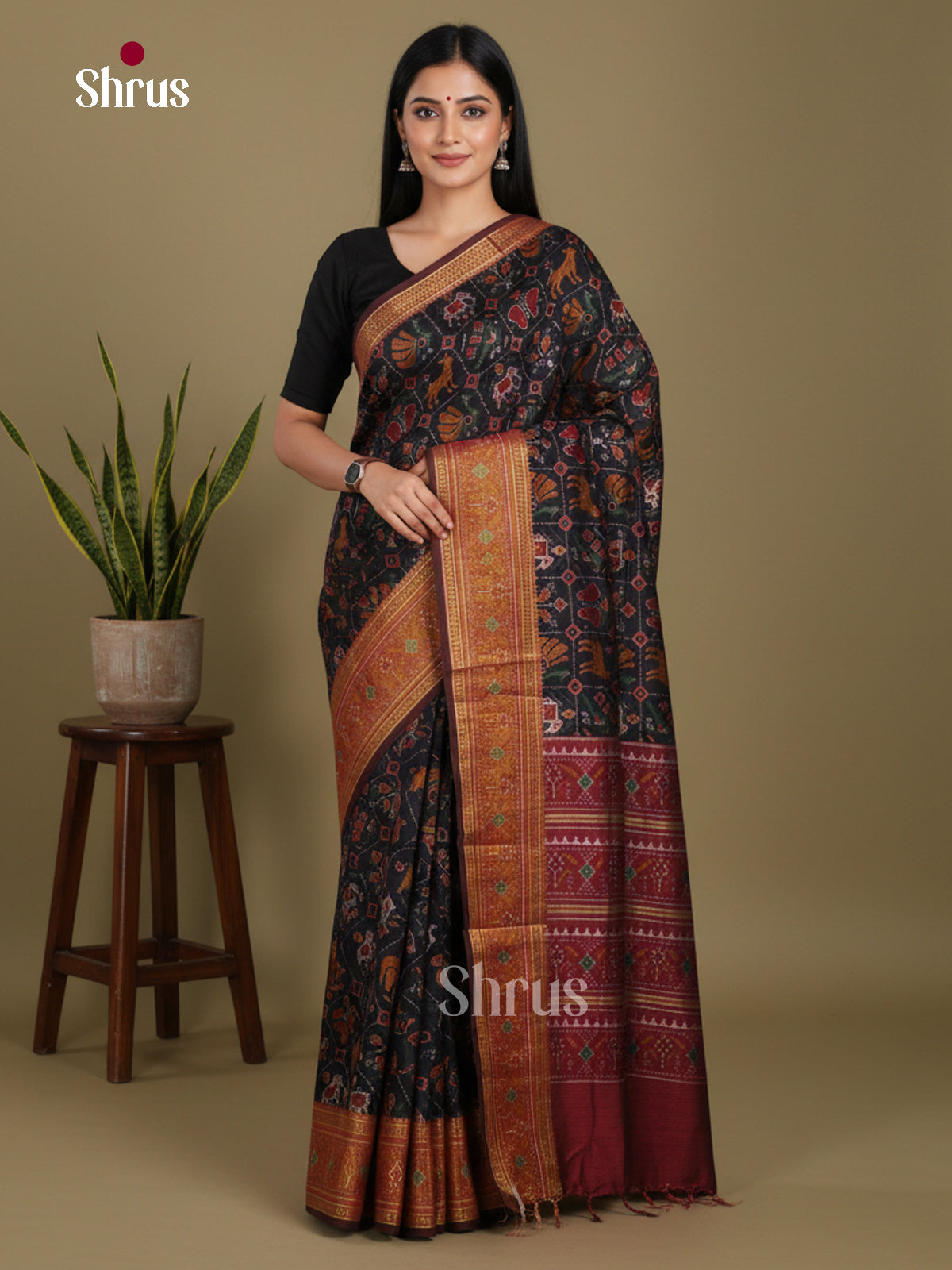 Black & Maroon - Semi Patola Saree