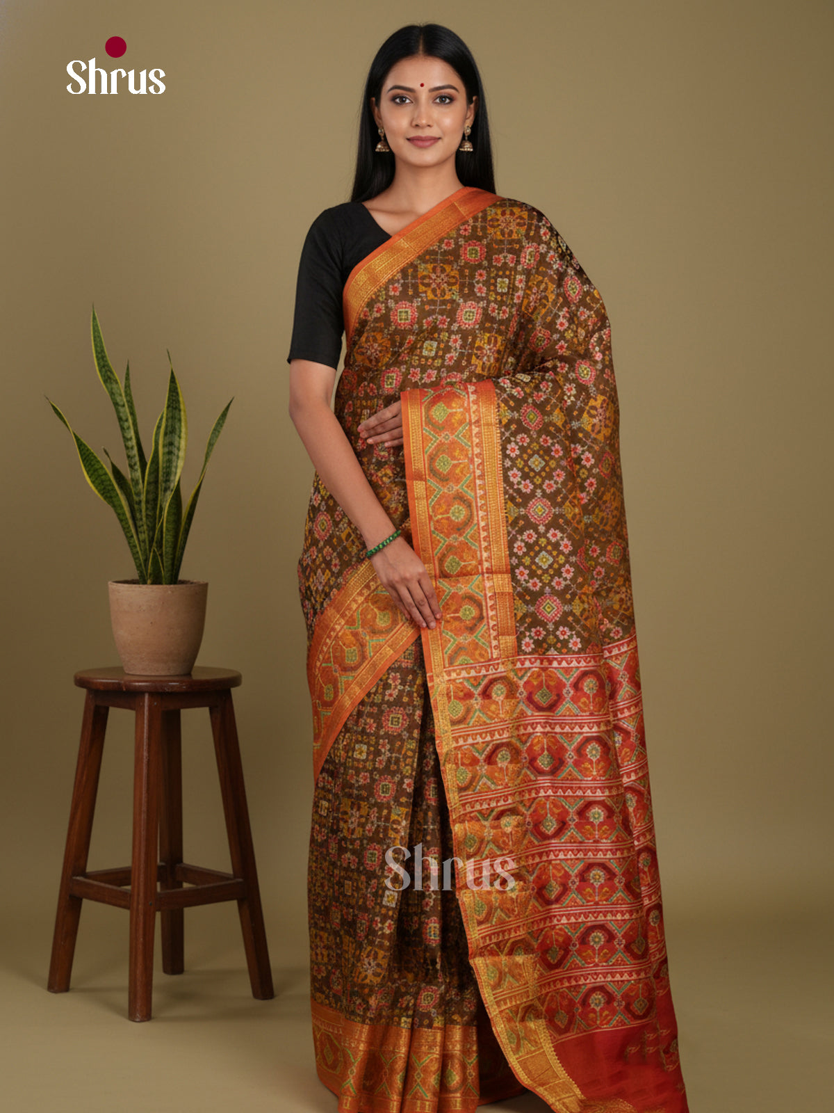 Brown & Orange - Semi Patola Saree