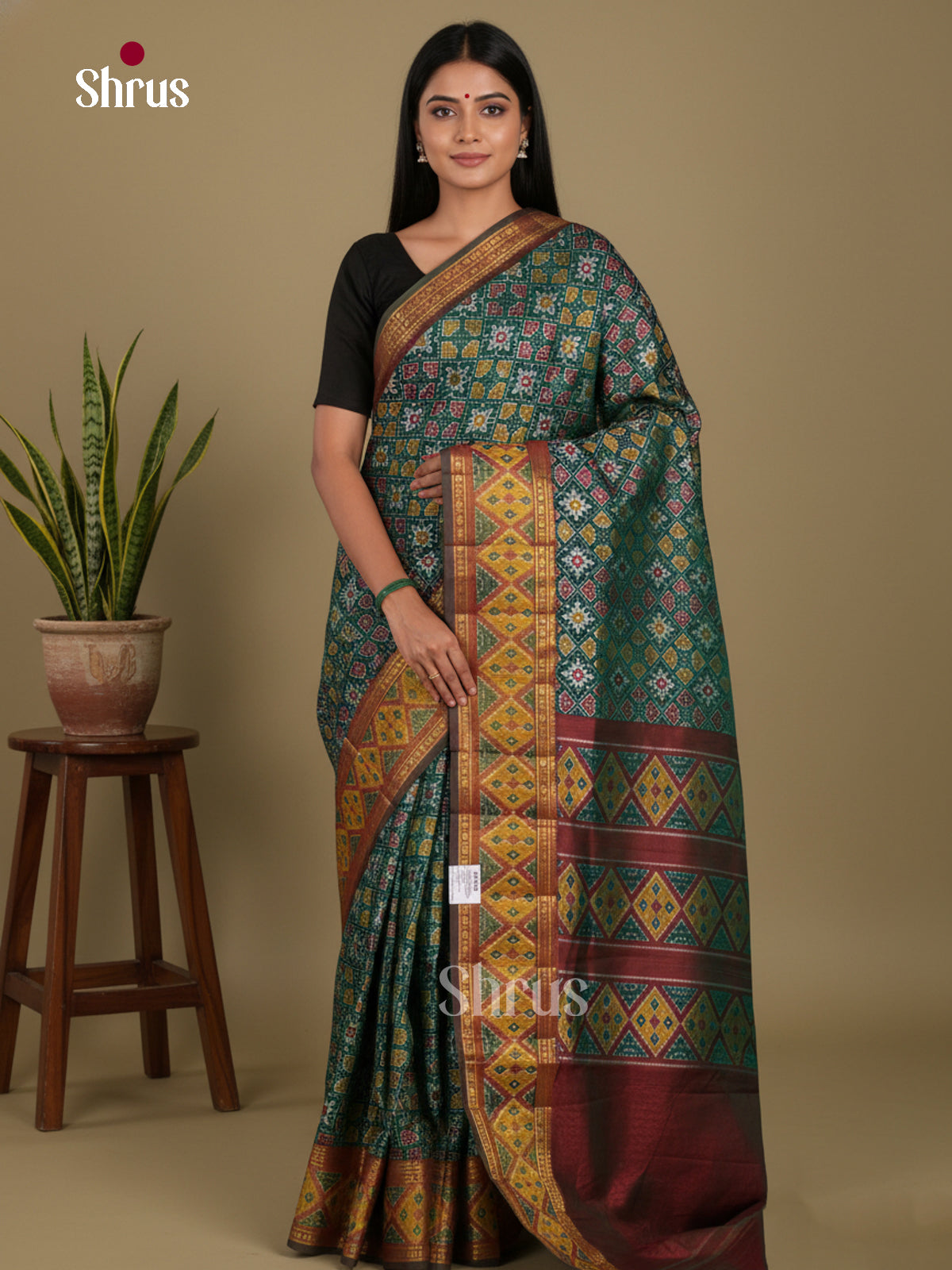 Green & Maroon - Semi Patola Saree
