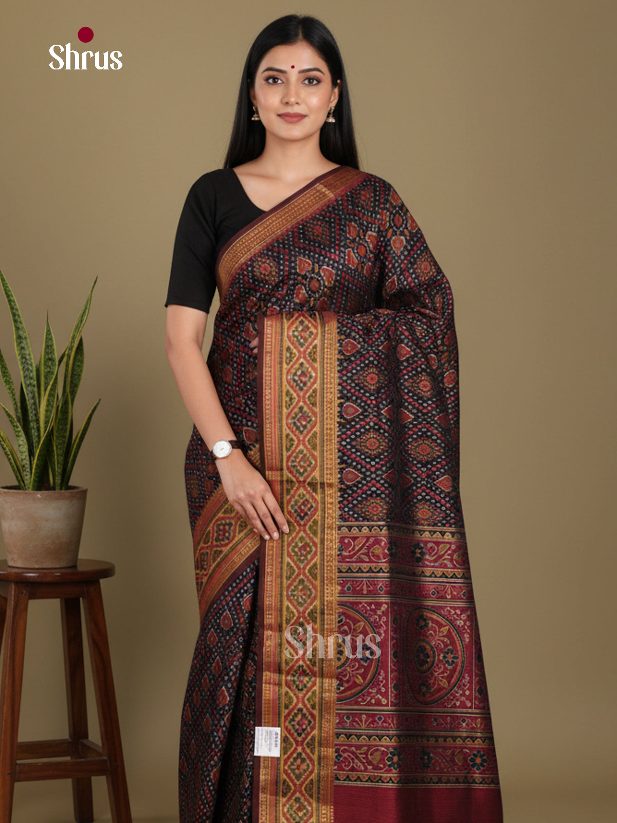 Black & Maroon - Semi Patola Saree