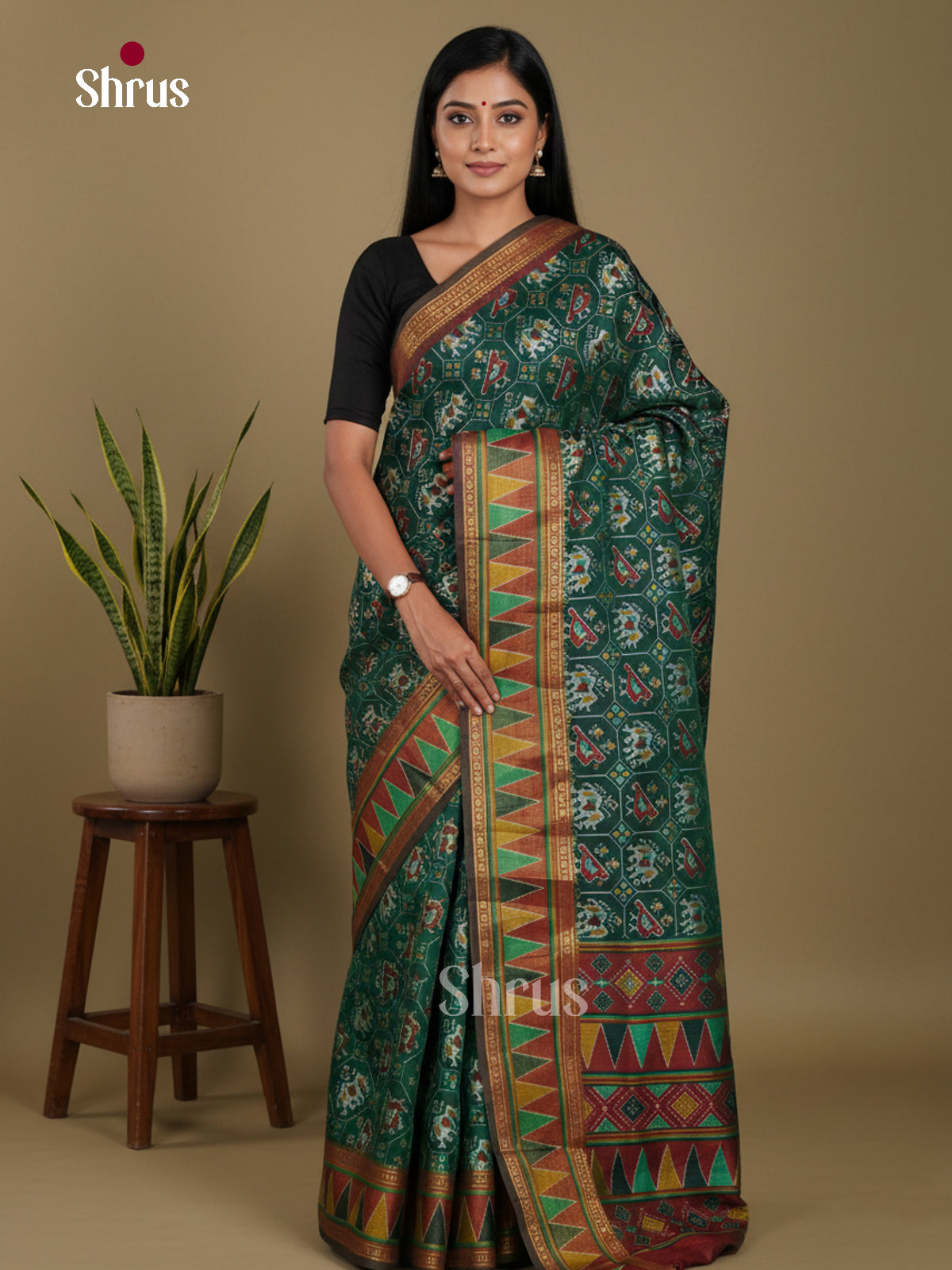 Green & Maroon- Semi Patola Saree