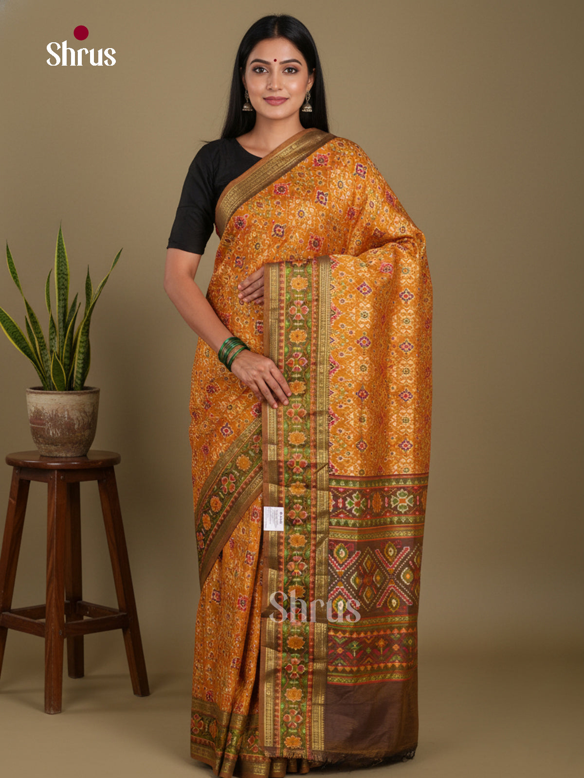 Mustard & Army Green - Semi Patola Saree