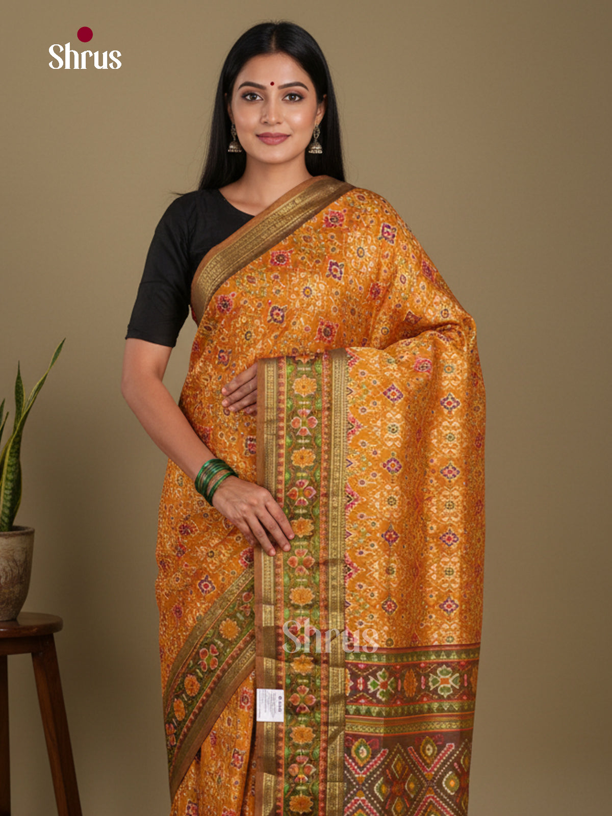 Mustard & Army Green - Semi Patola Saree
