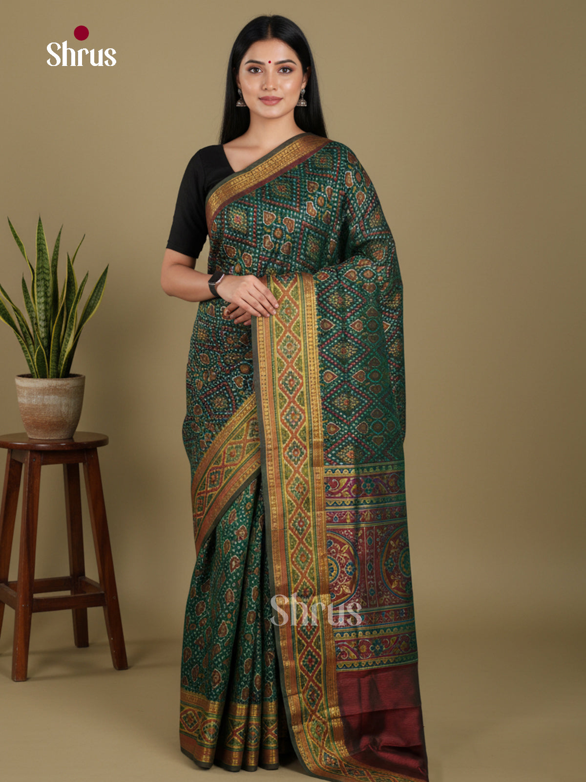 Green & Maroon- Semi Patola Saree - Shop on Shrus.com