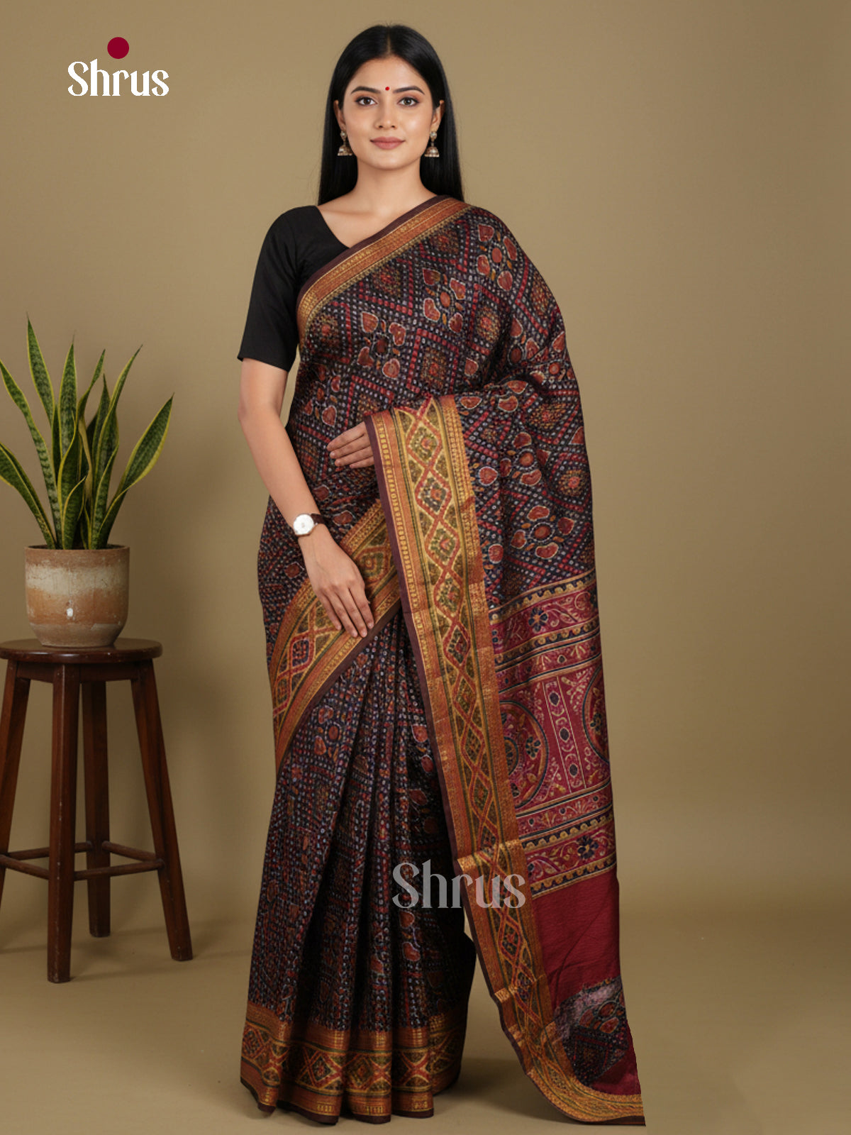 Black & Maroon - Semi Patola Saree