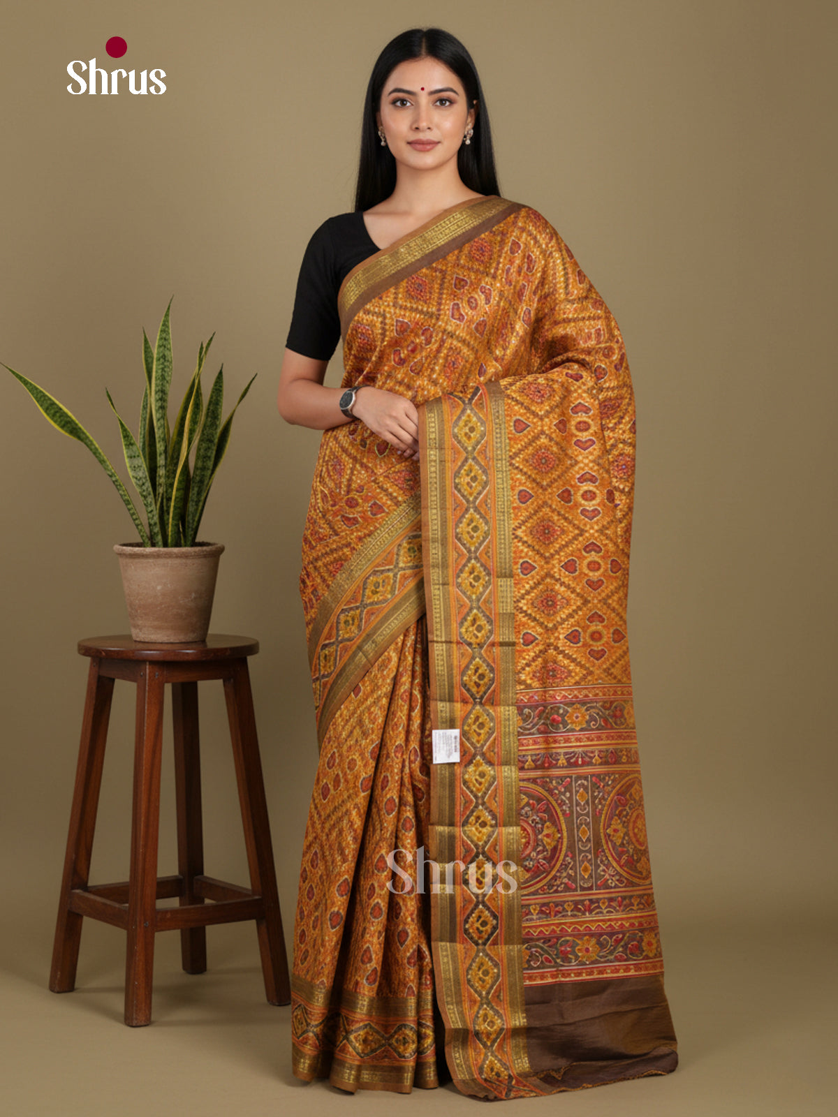 Mustard & Army Green- Semi Patola Saree