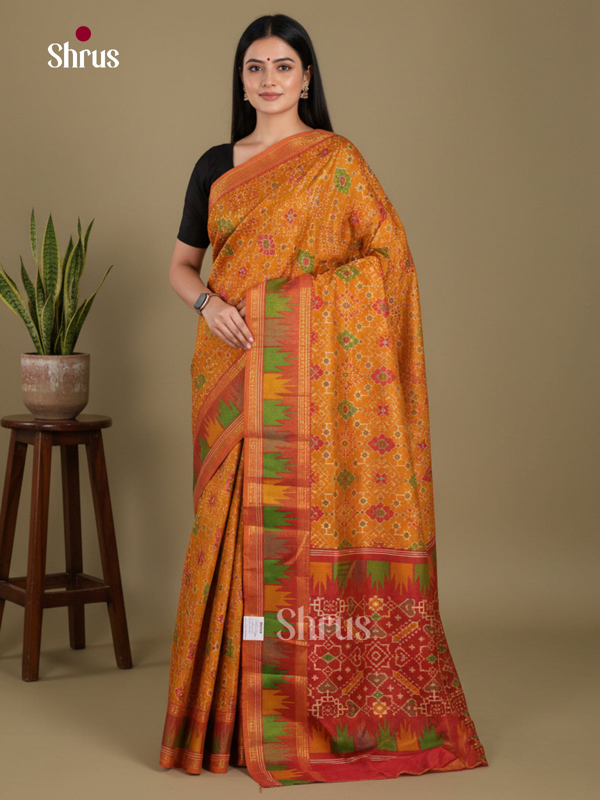 Mustard & Red - Semi Patola Saree