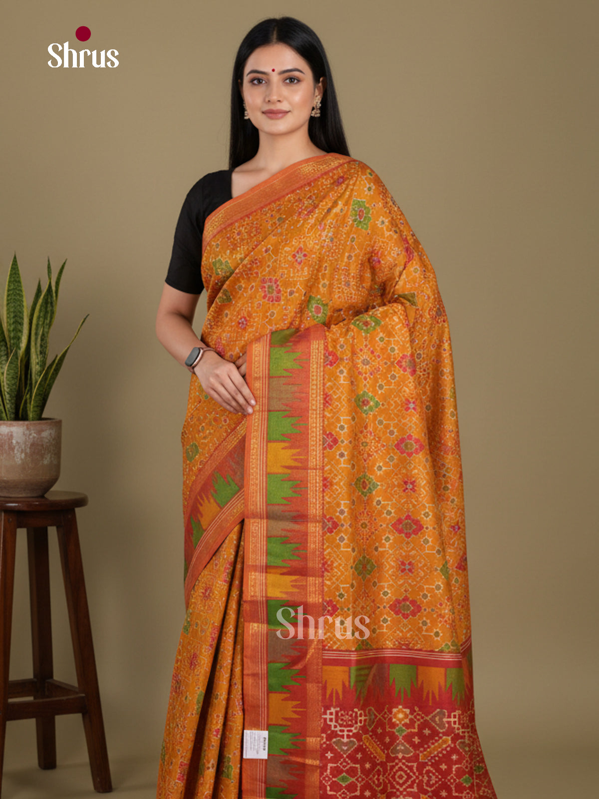 Mustard & Red - Semi Patola Saree