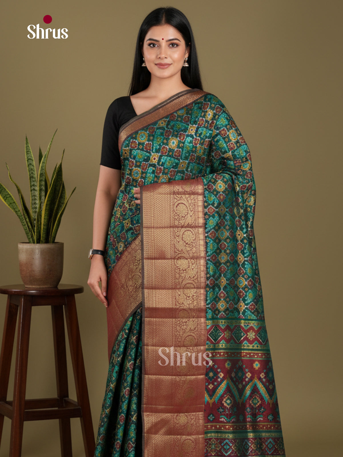 Green & brown - Semi Patola Saree