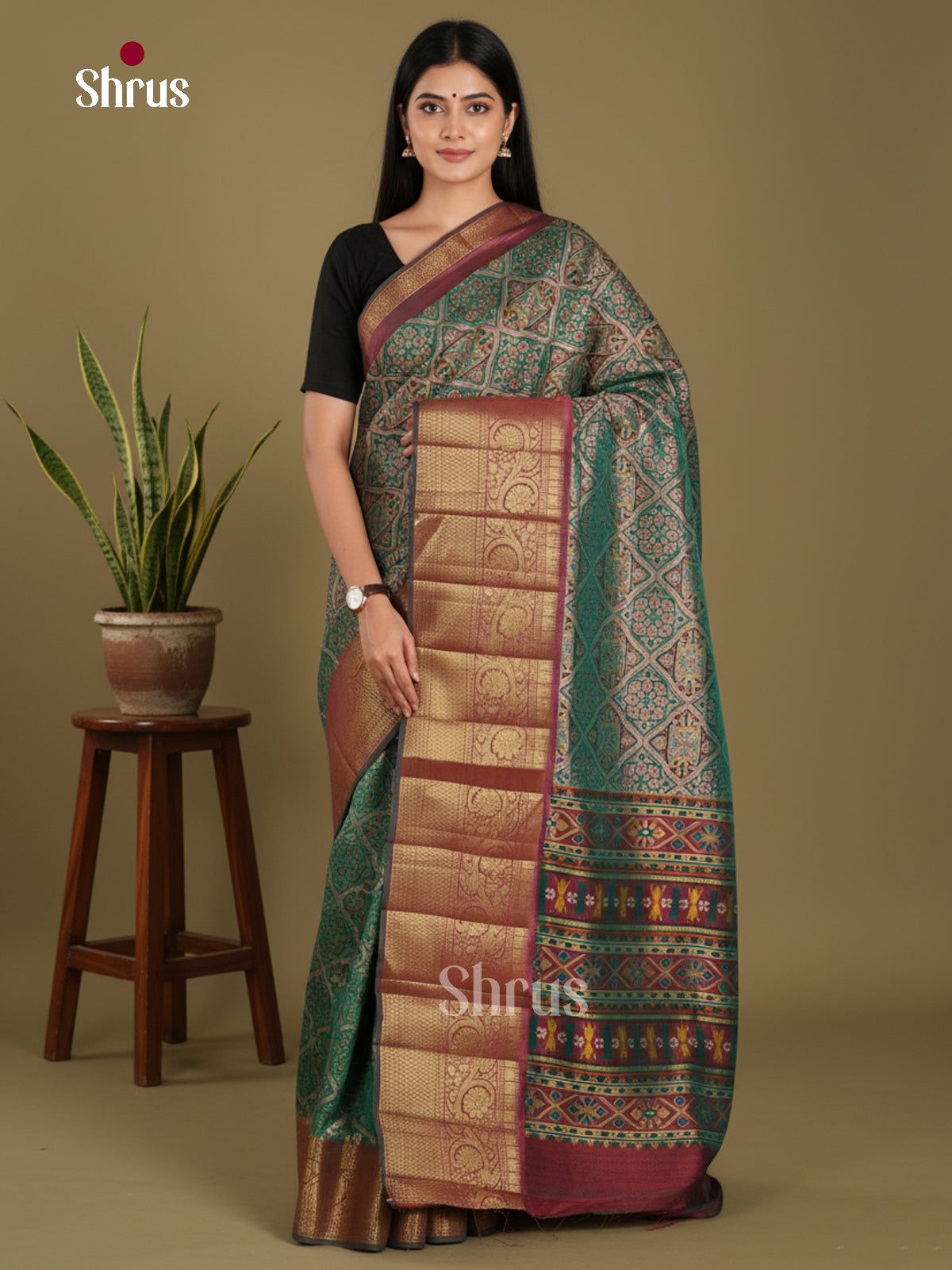Green & Maroon - Semi Patola Saree