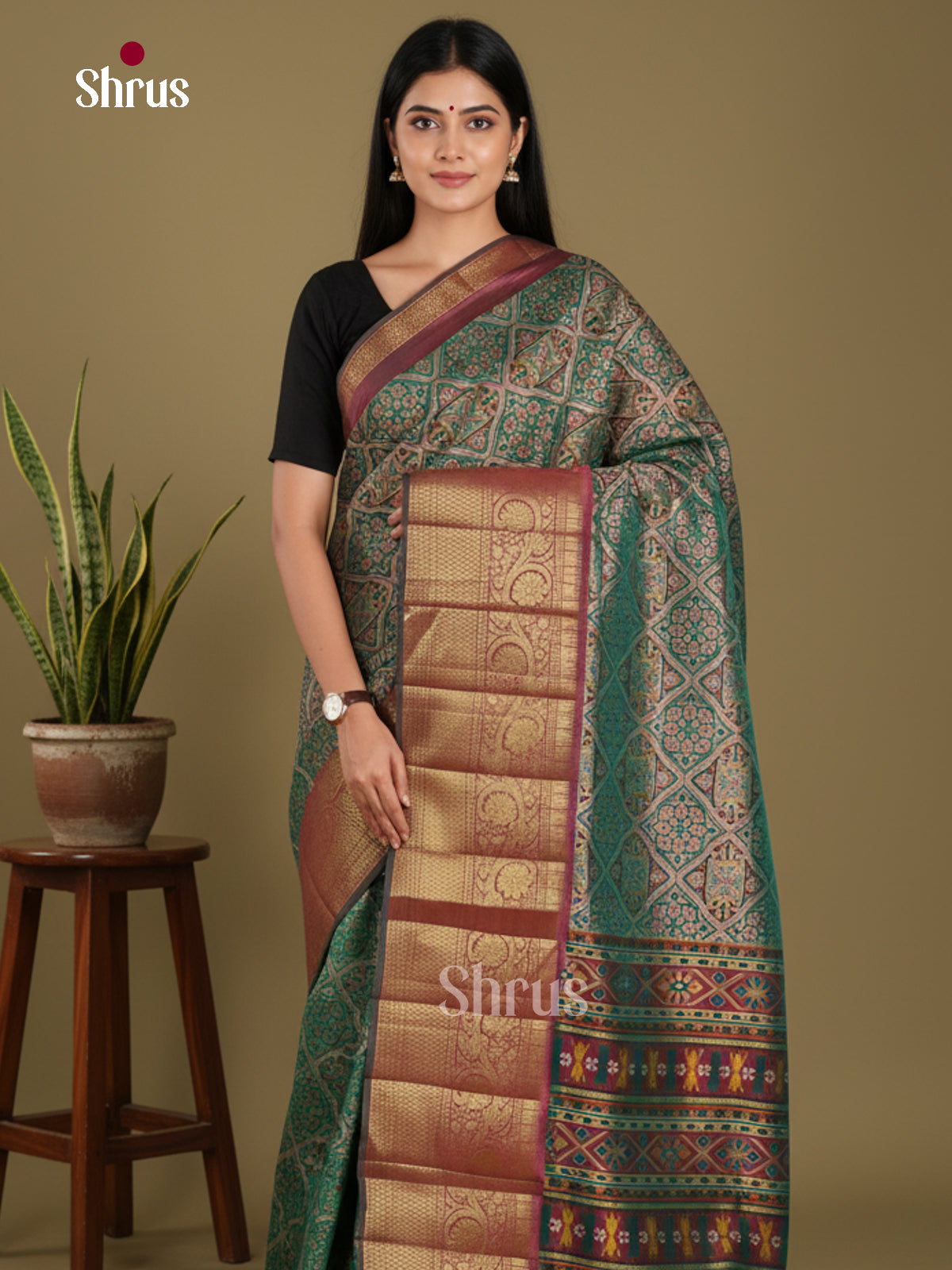 Green & Maroon - Semi Patola Saree