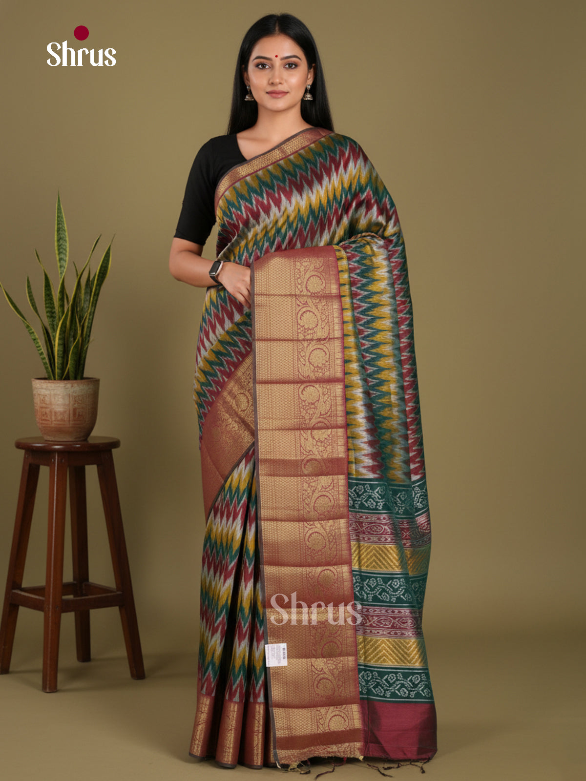 Green & Maroon - Semi Patola Saree