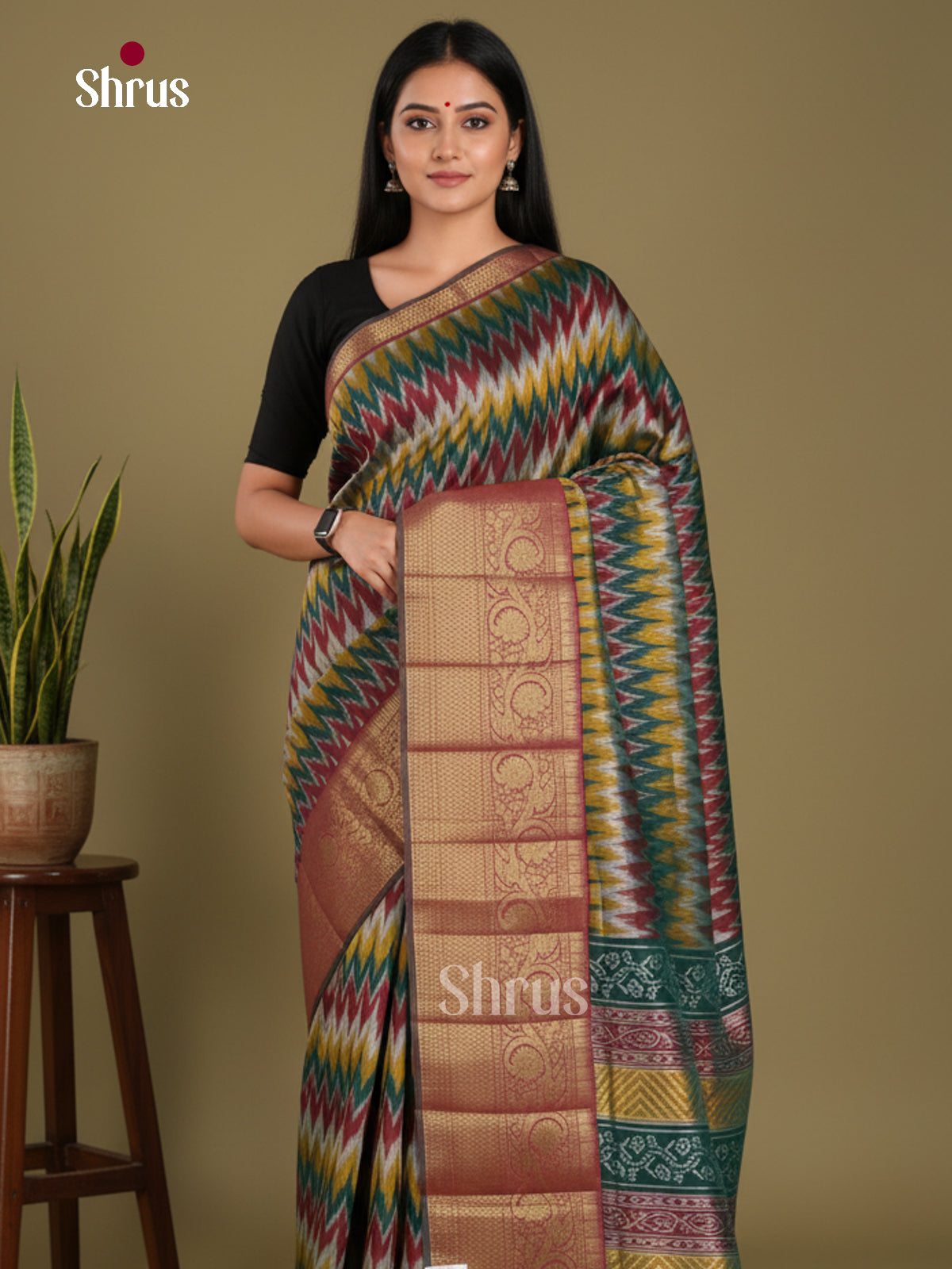 Green & Maroon - Semi Patola Saree