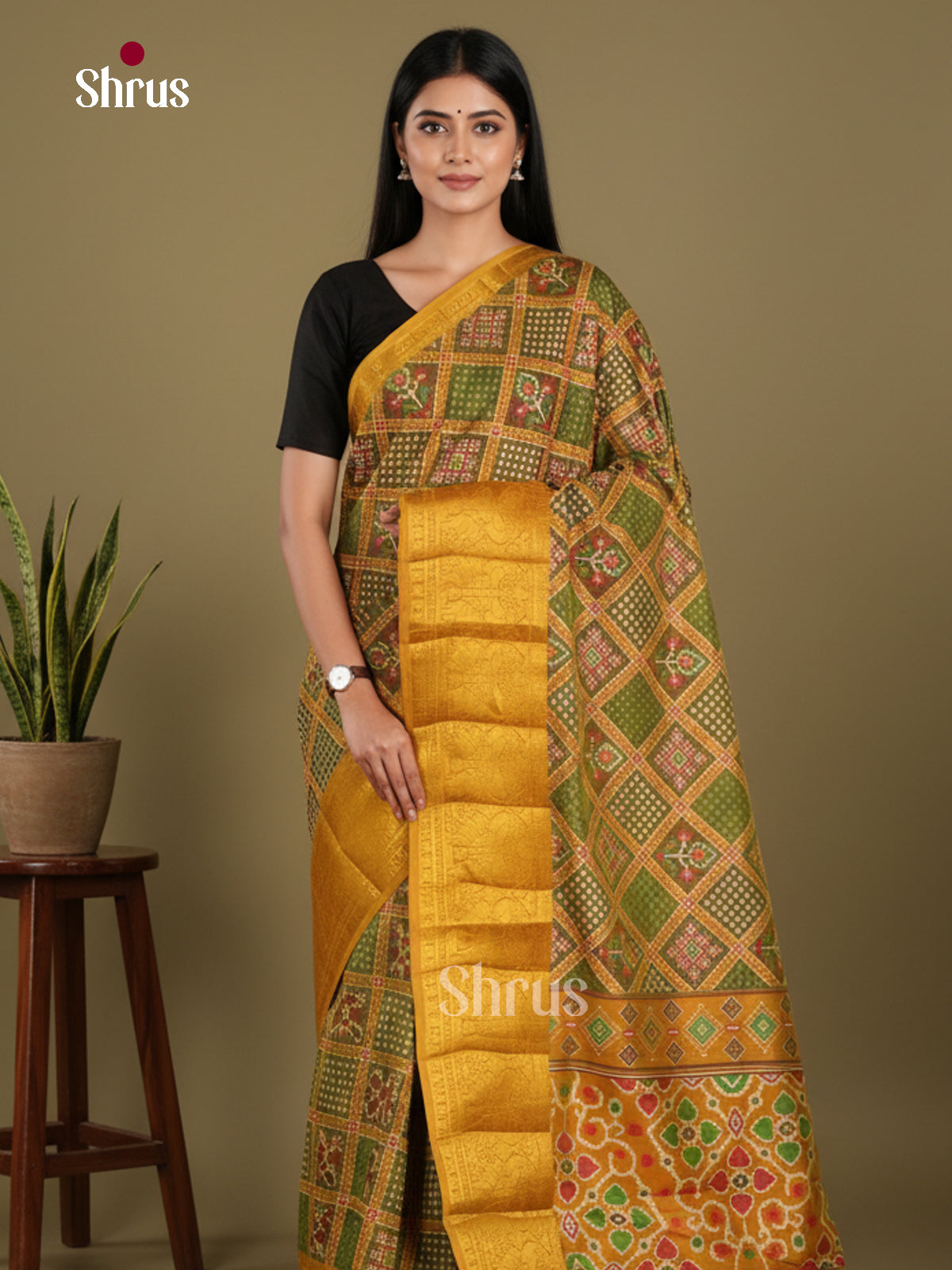 Green & Mustard - Semi Patola Saree