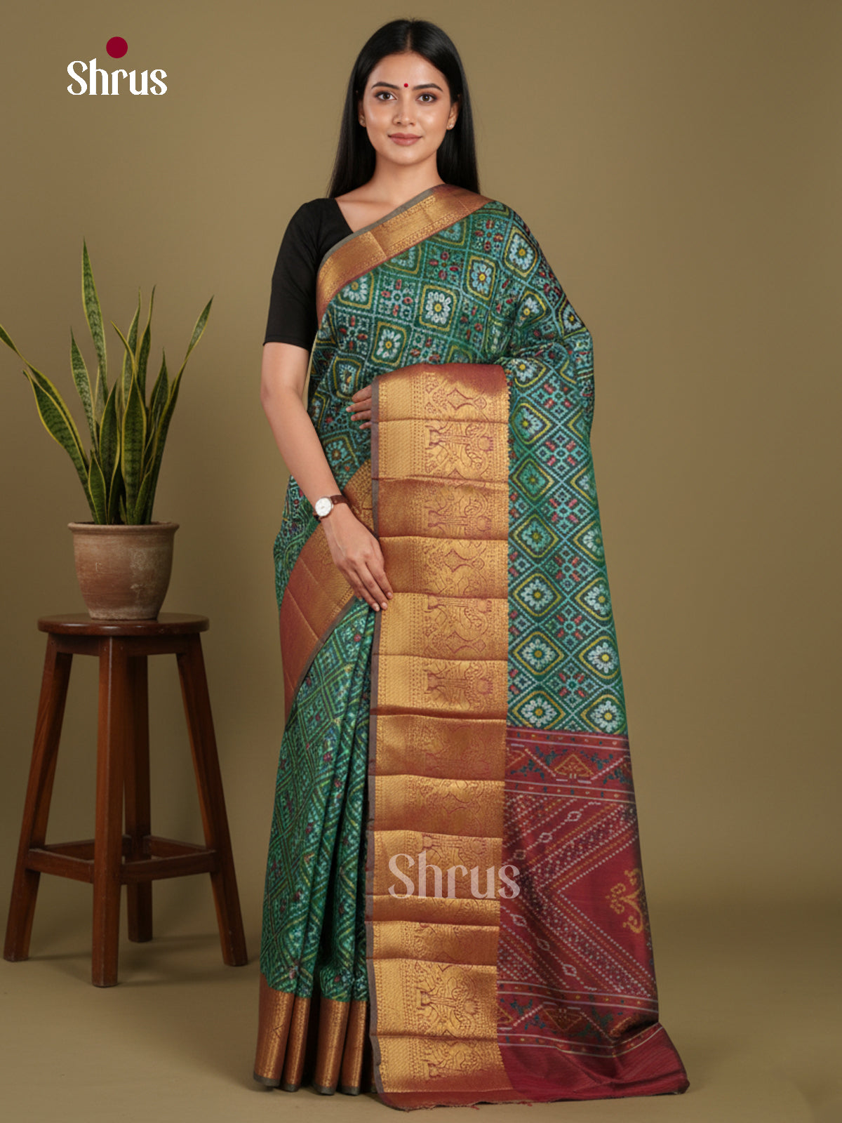 Green & Maroon - Semi Patola Saree
