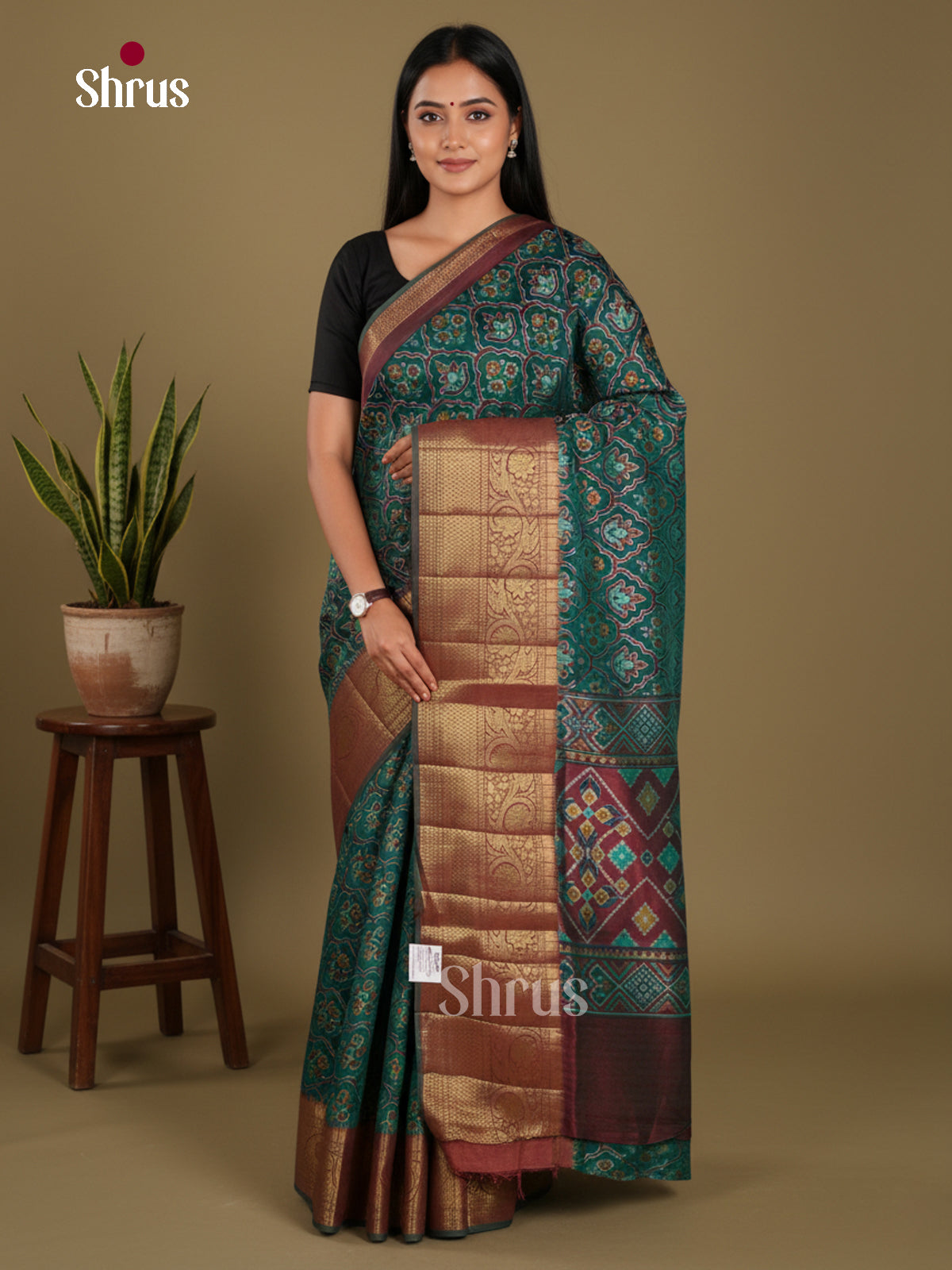 Green & Maroon - Semi Patola Saree