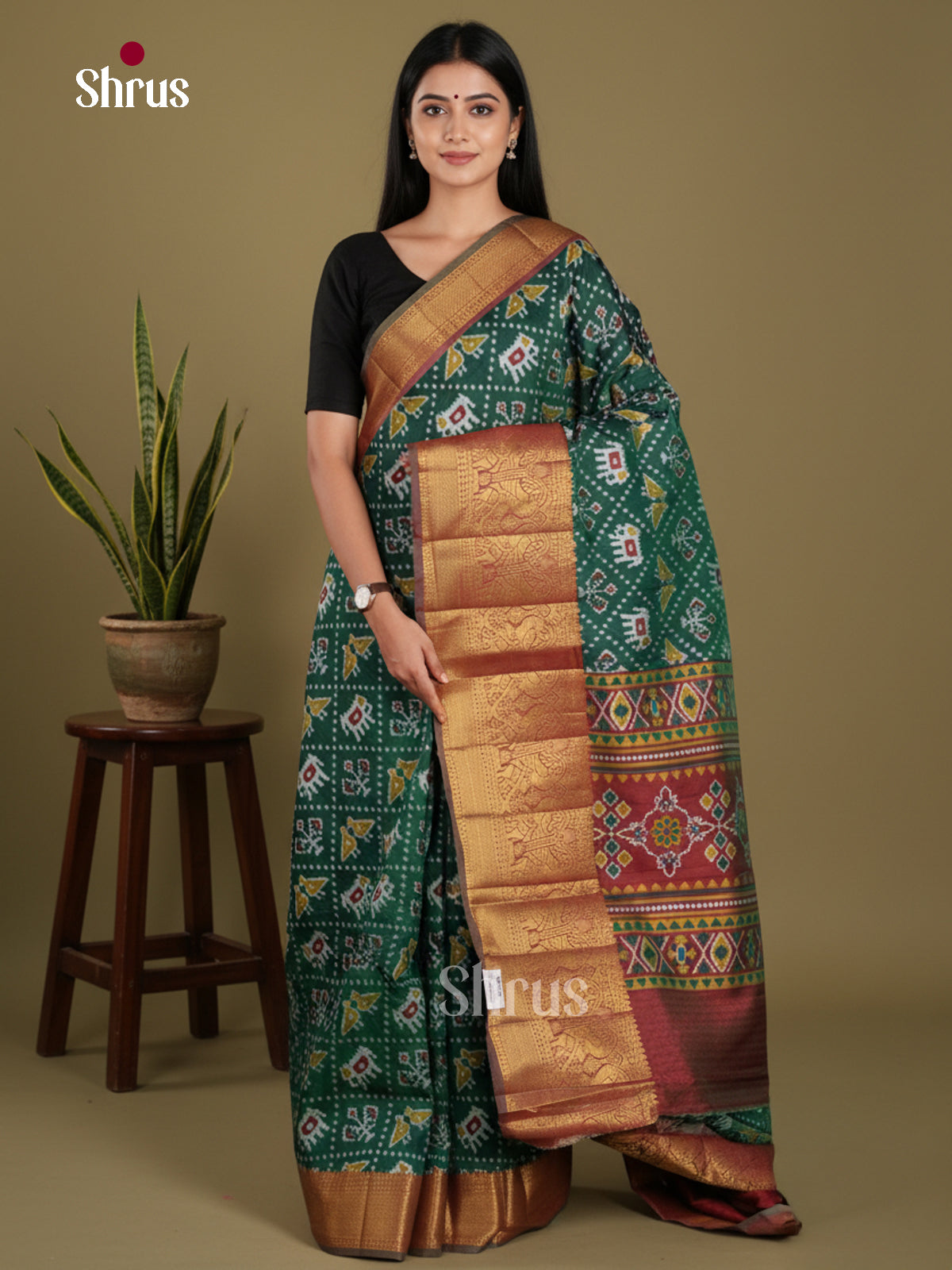 Green & Maroon - Semi Patola Saree
