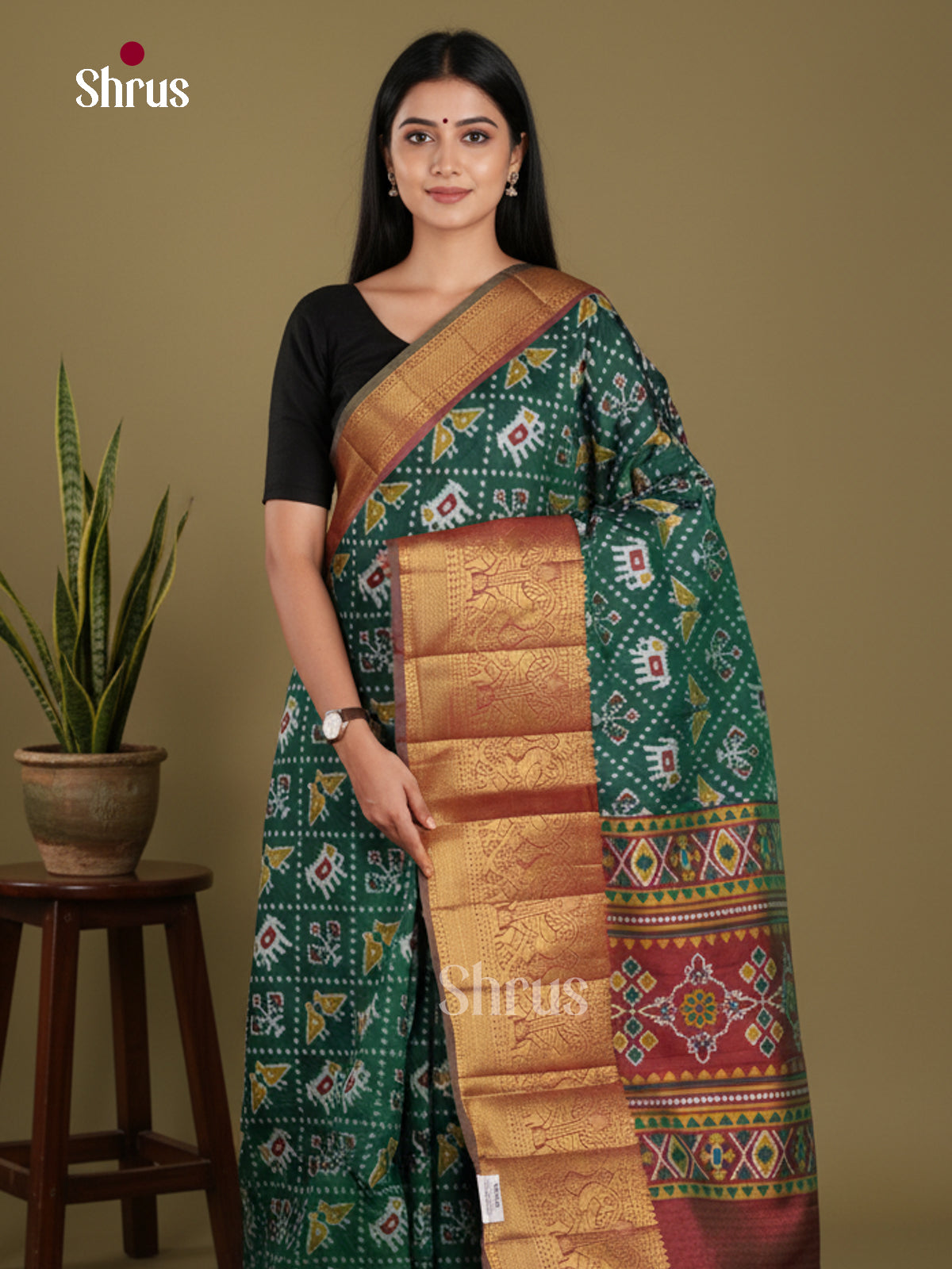 Green & Maroon - Semi Patola Saree