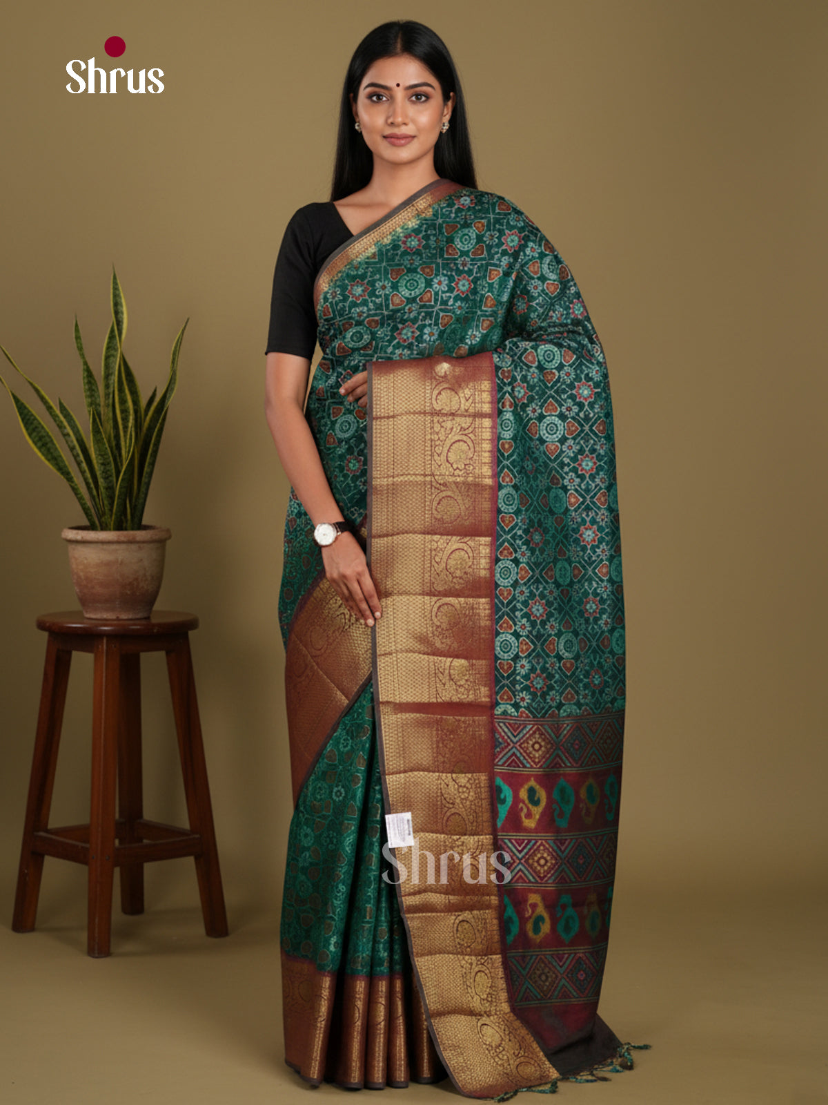 Green & maroon - Semi Patola Saree