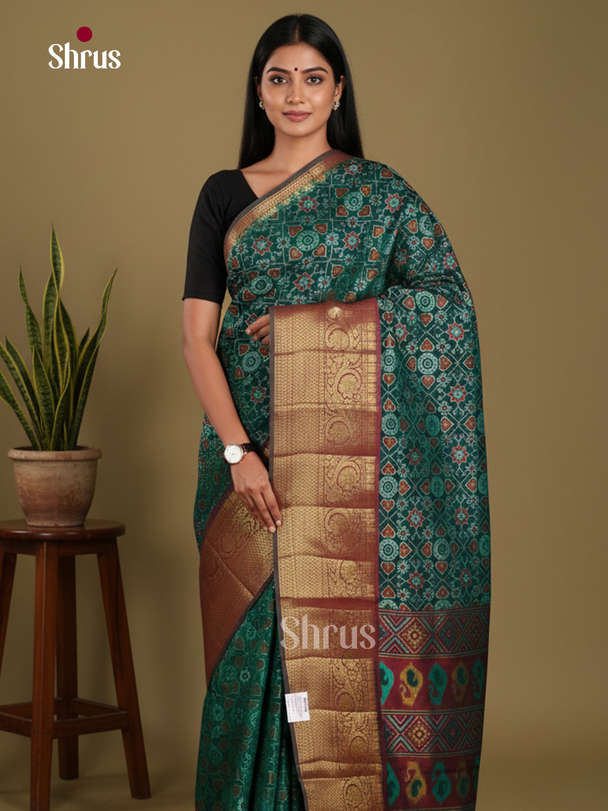 Green & maroon - Semi Patola Saree