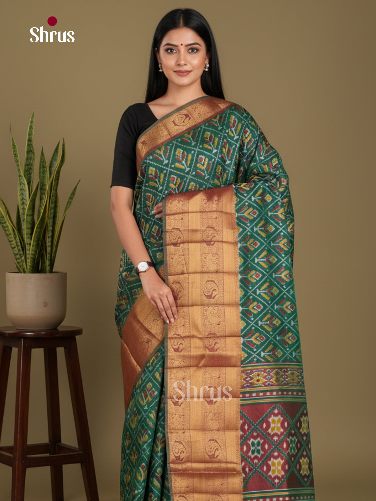 Green & Maroon - Semi Patola Saree