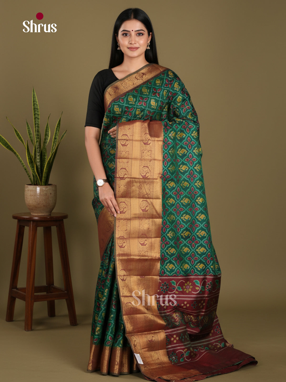 Green & Maroon - Semi Patola Saree