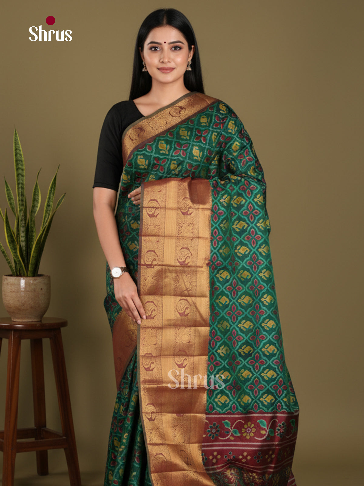 Green & Maroon - Semi Patola Saree