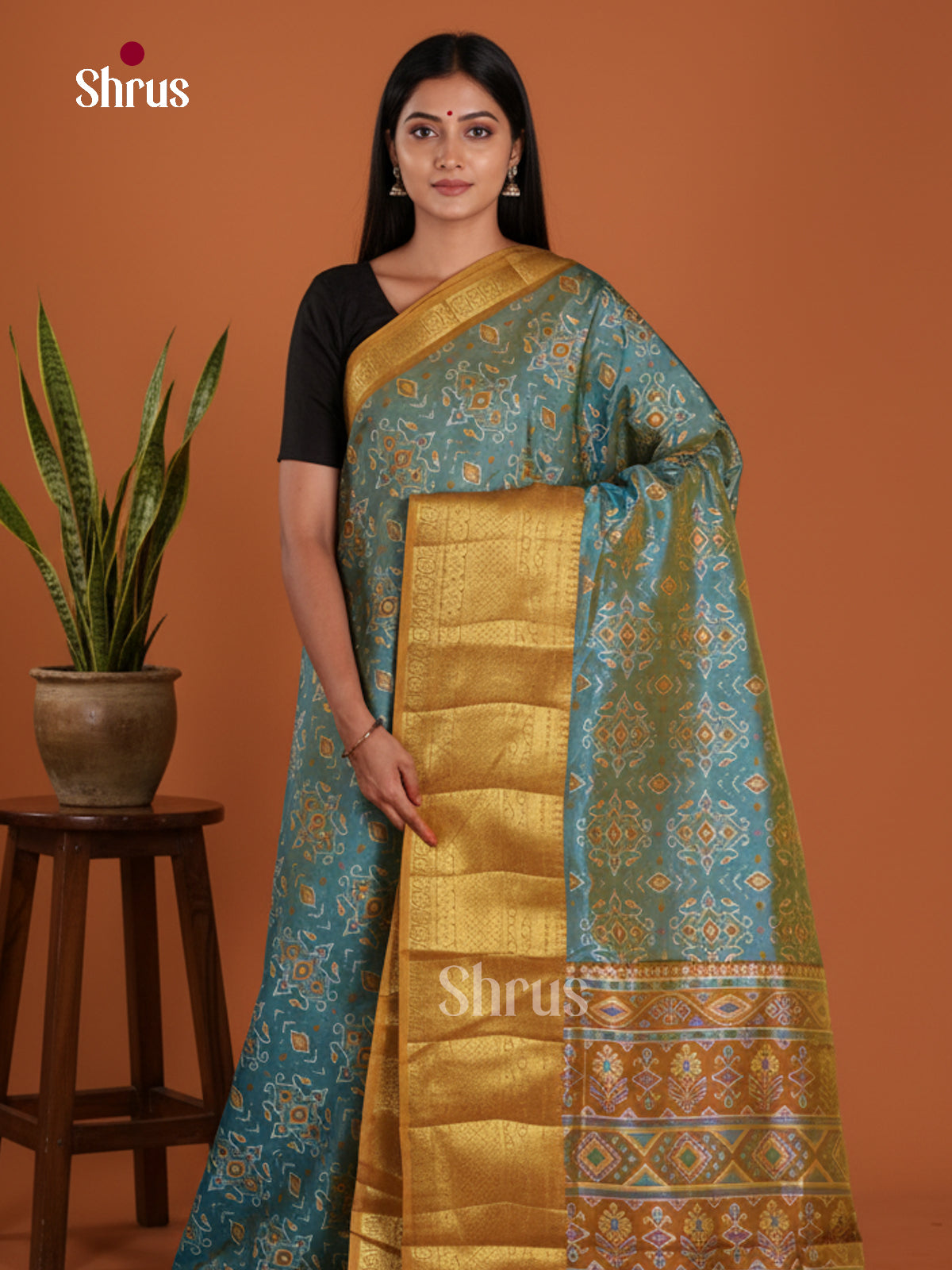 Blue & Mustard- Semi Patola Saree