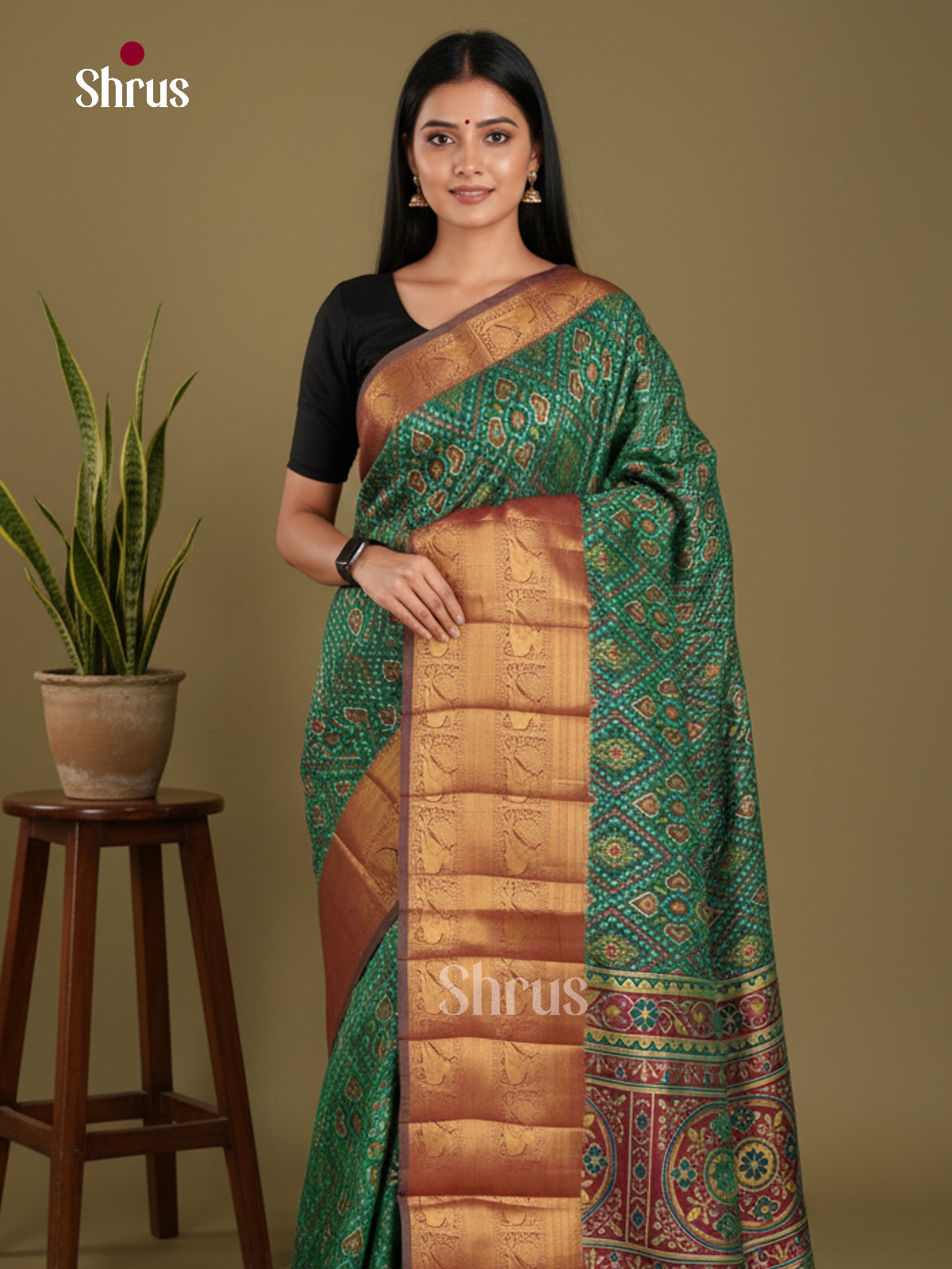 Green & Maroon - Semi Patola Saree