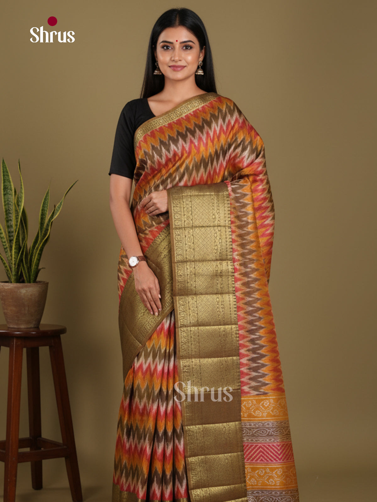 Multicolor & Chutney Green- Semi Patola Saree