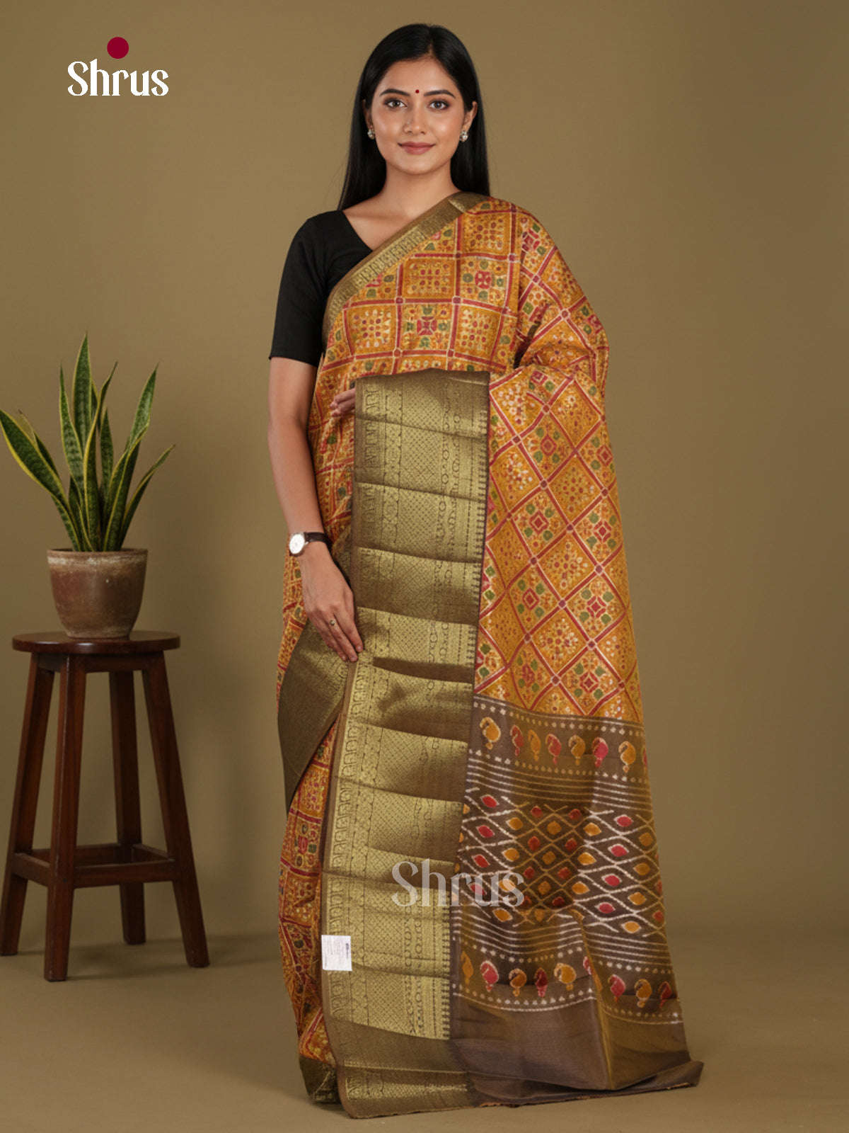 Mustard & Chutney Green- Semi Patola Saree