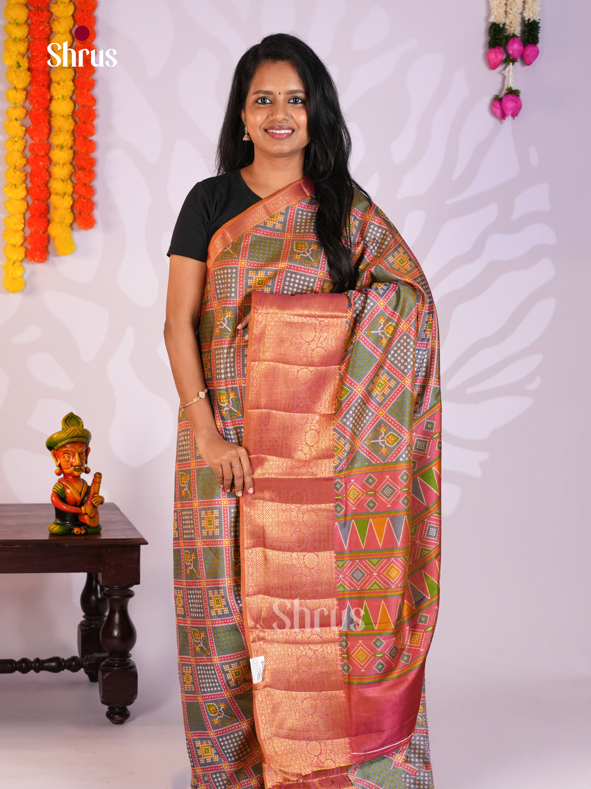 Pink & green- Semi Patola Saree