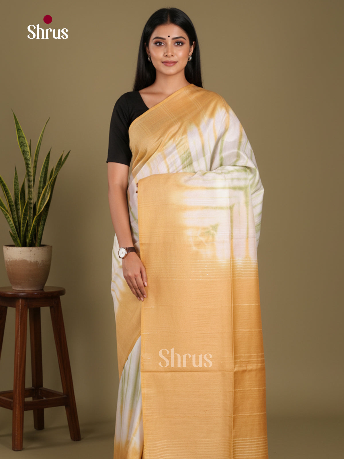 Cream & sandal - Shibori Saree