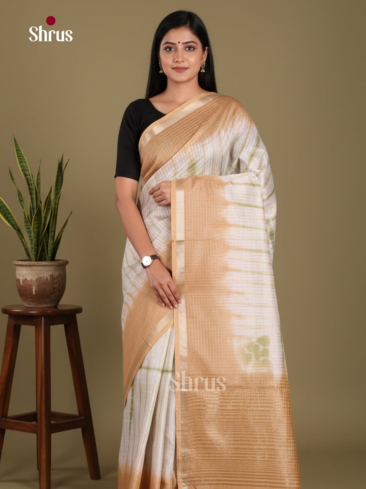 Cream & Light Brown - Shibori Saree