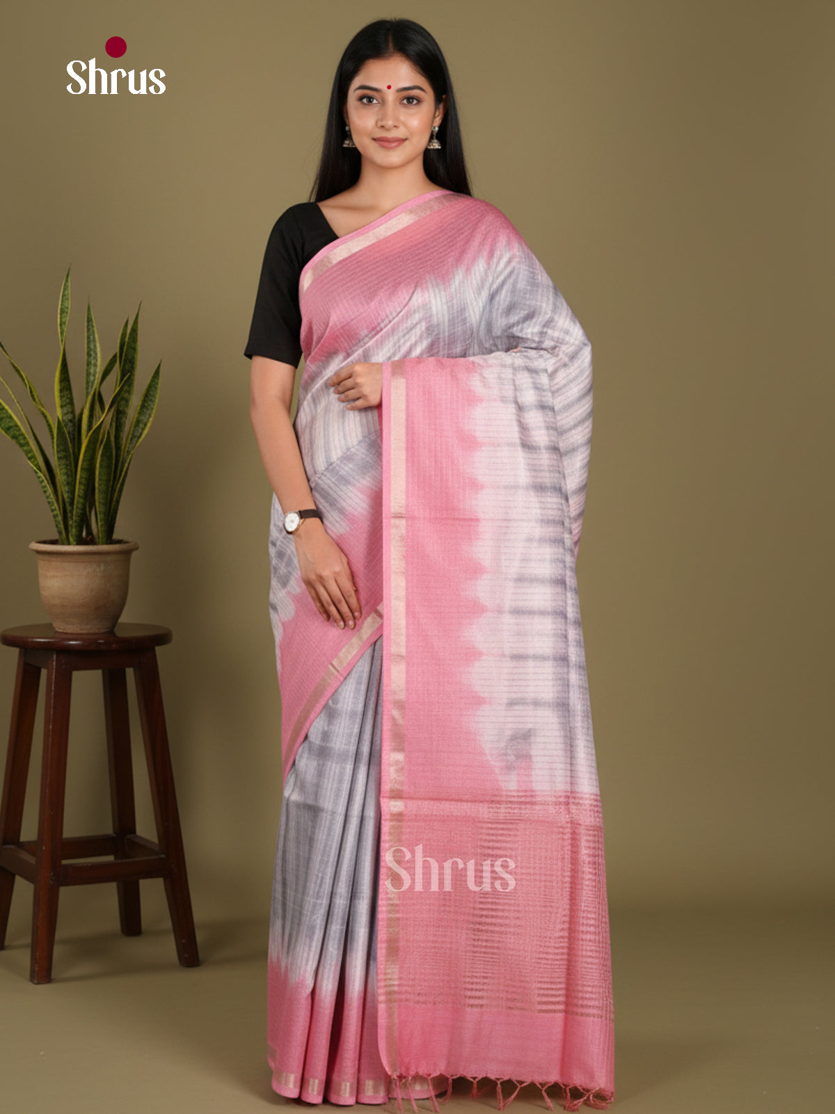 Cream & Pink - Shibori Saree